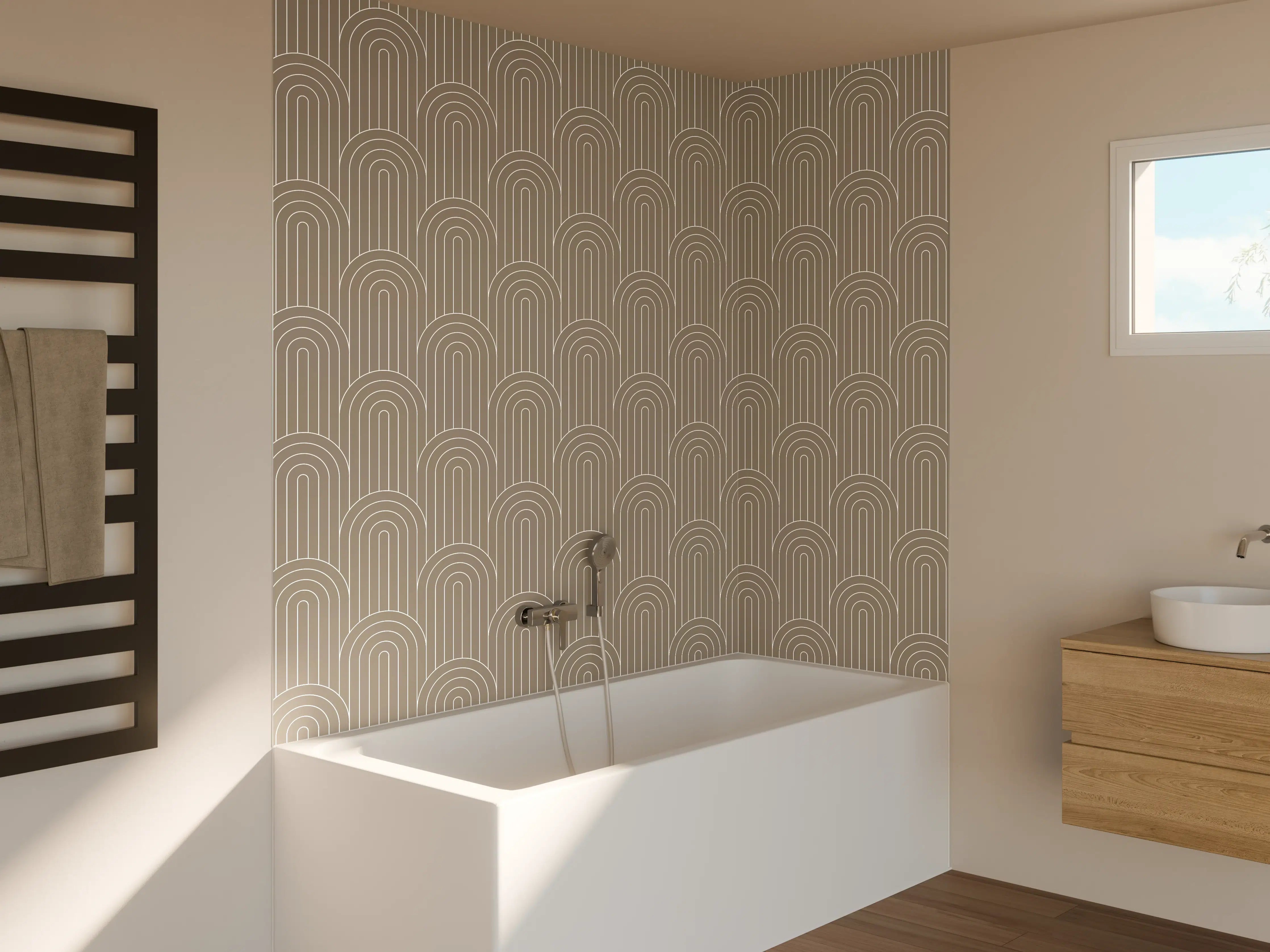 Badewannen-Rückwand - Beige Muster mit geometrischen Bögen