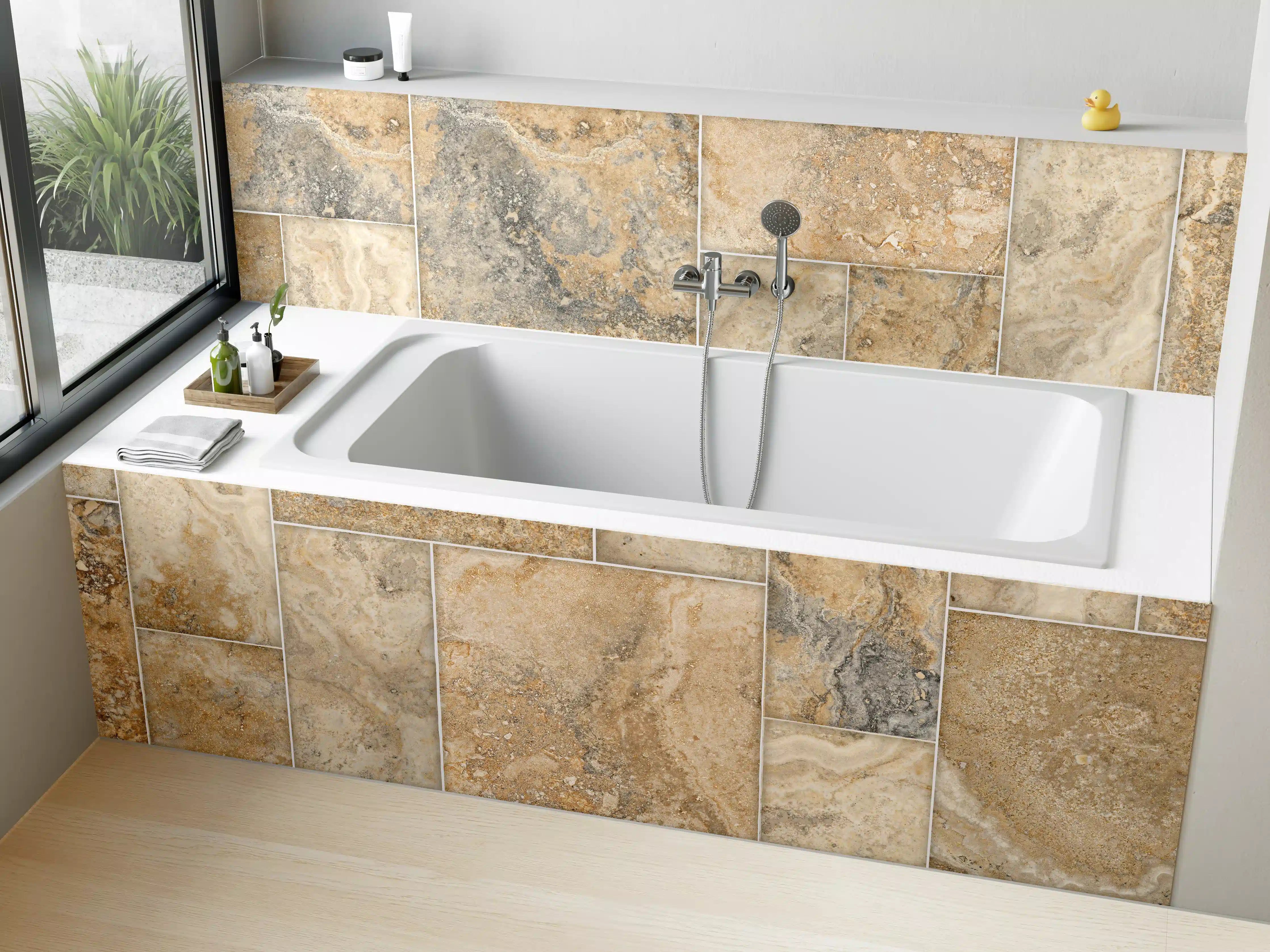 Badewannen-Rückwand - Beige Naturstein Wandtextur