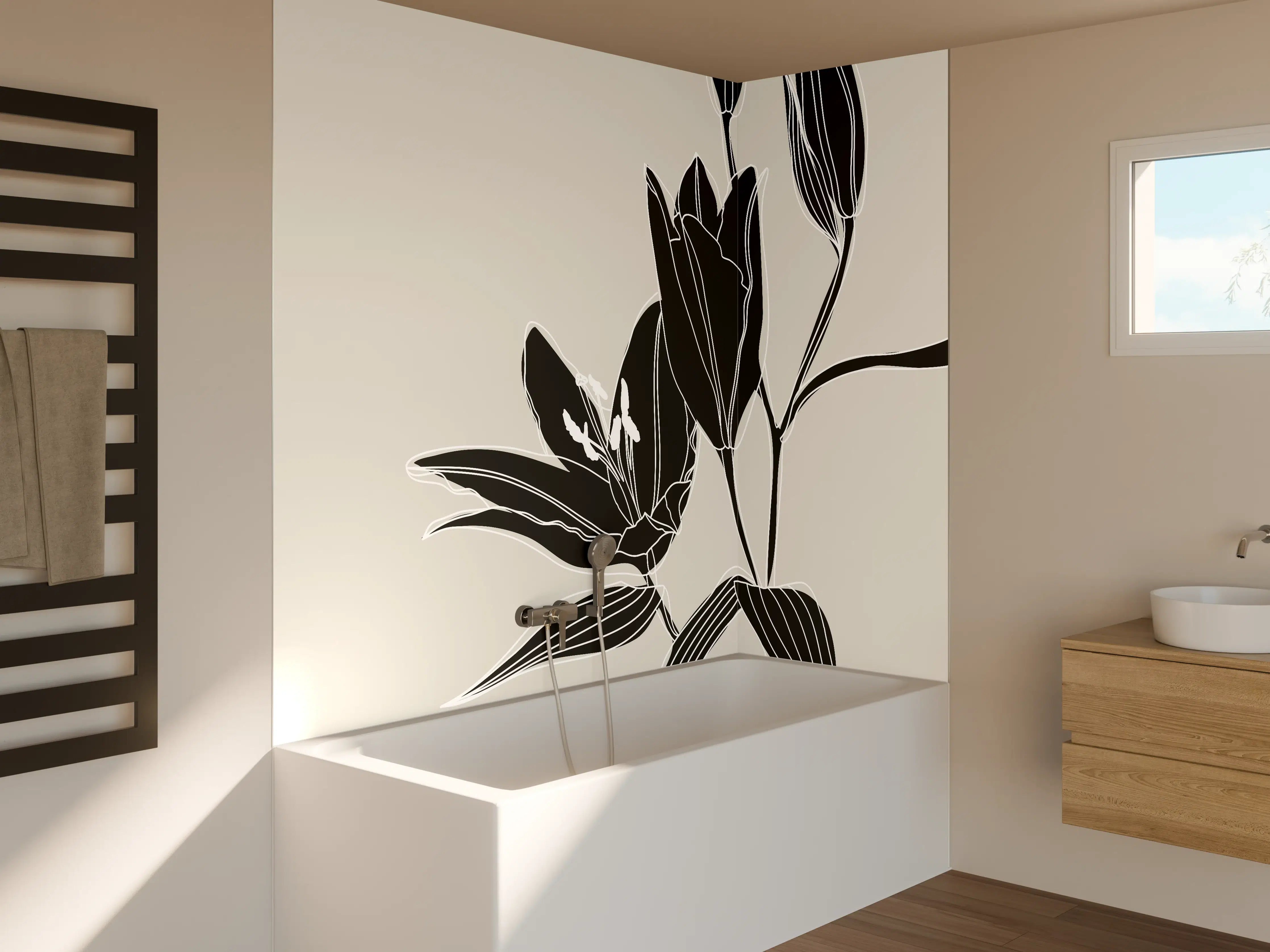 Badewannen-Rückwand - Beige Schwarze Lilien Lineart