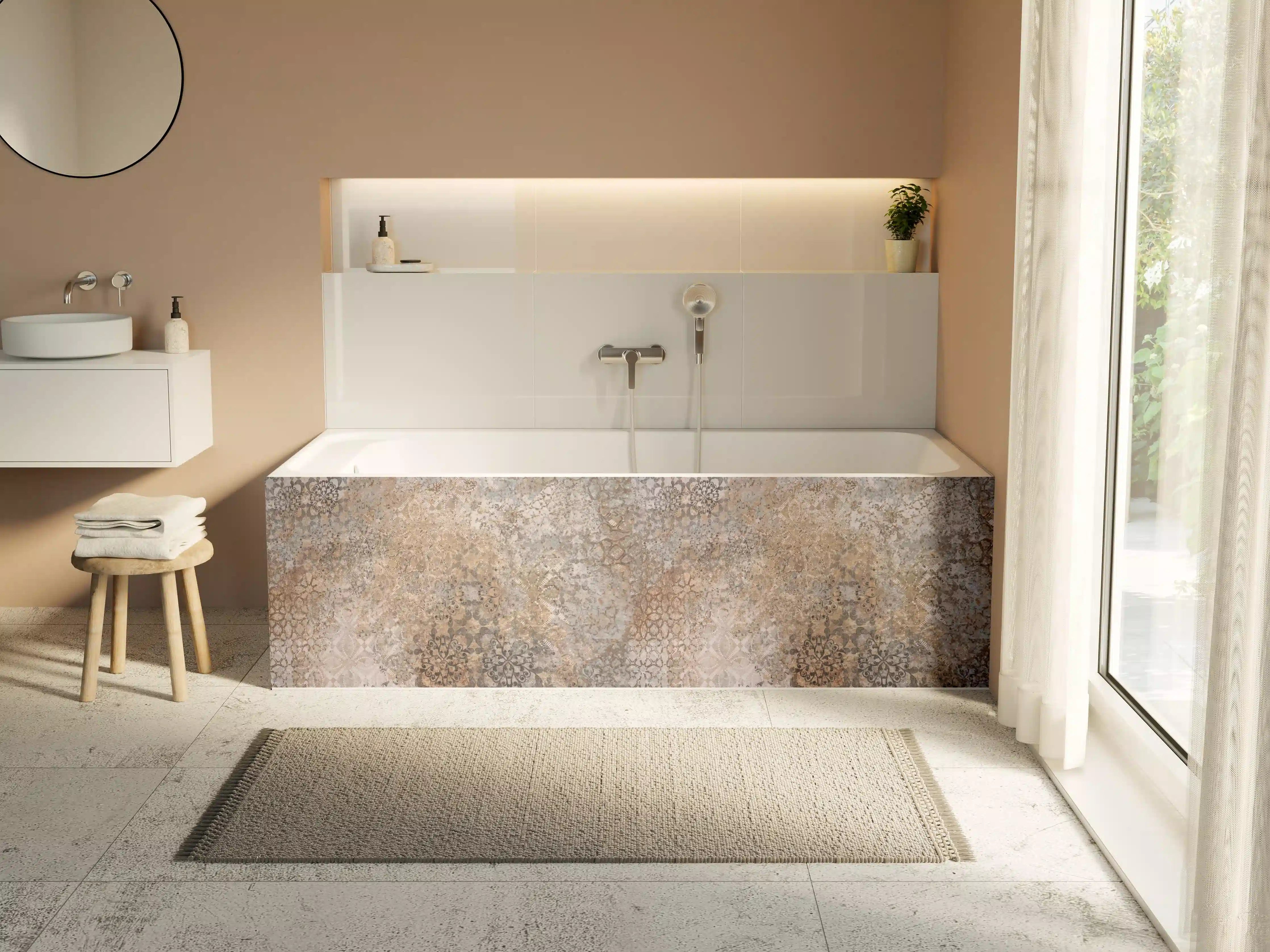 Badewannen-Rückwand - Beige Vintage Blumenmuster im Tapeten-Stil
