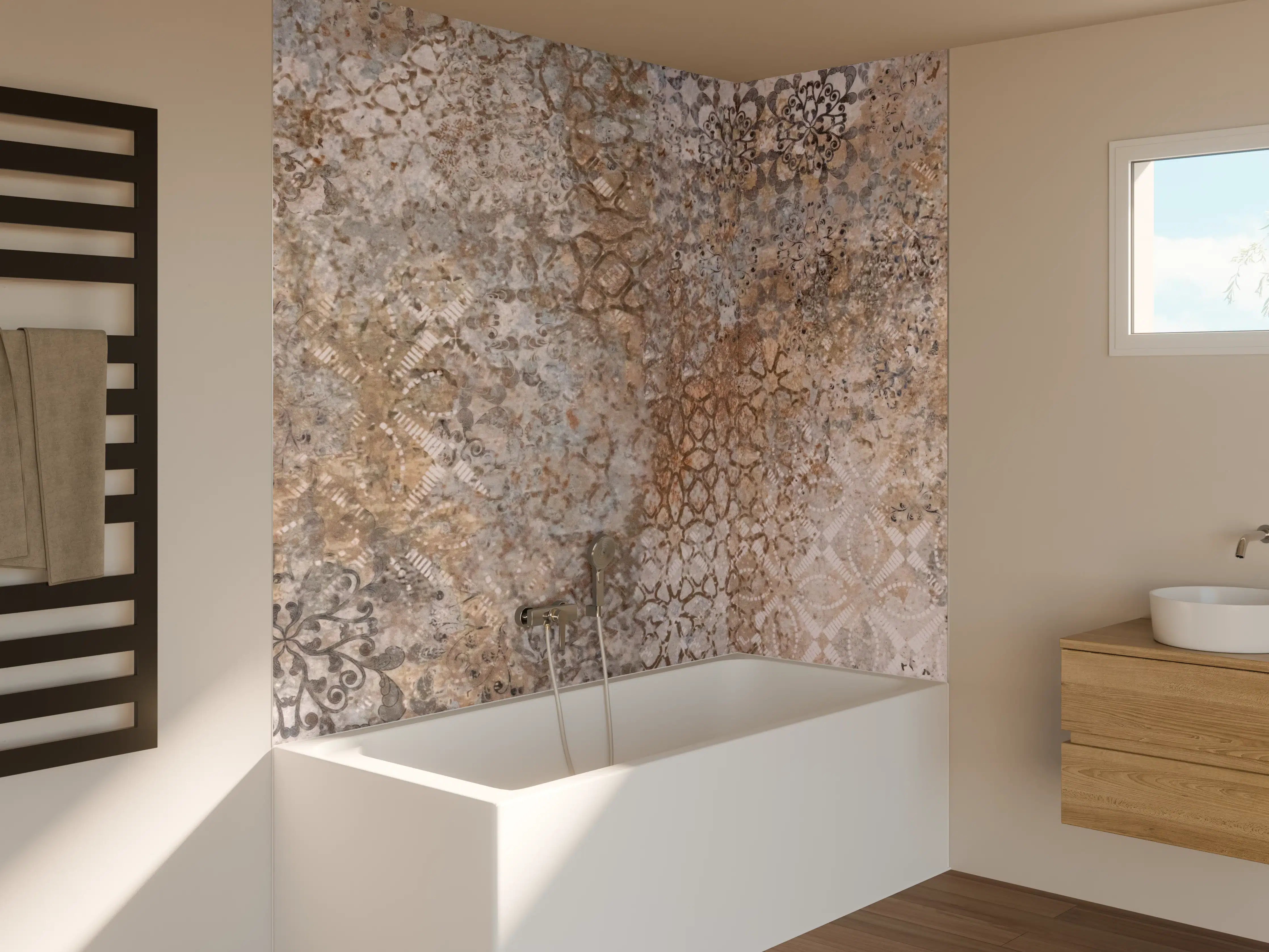Badewannen-Rückwand - Beige Vintage Blumenmuster im Tapeten-Stil