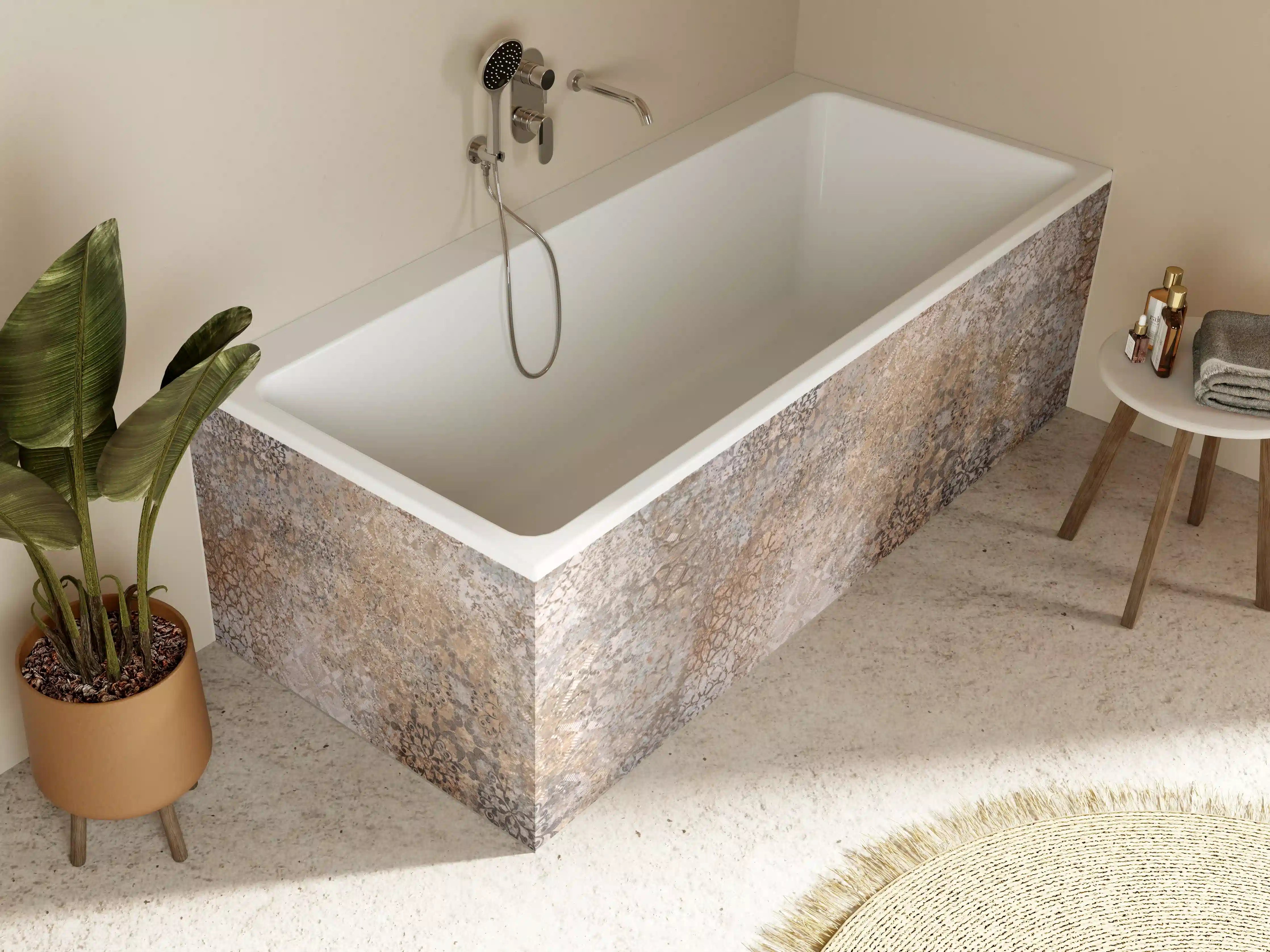 Badewannen-Rückwand - Beige Vintage Blumenmuster im Tapeten-Stil
