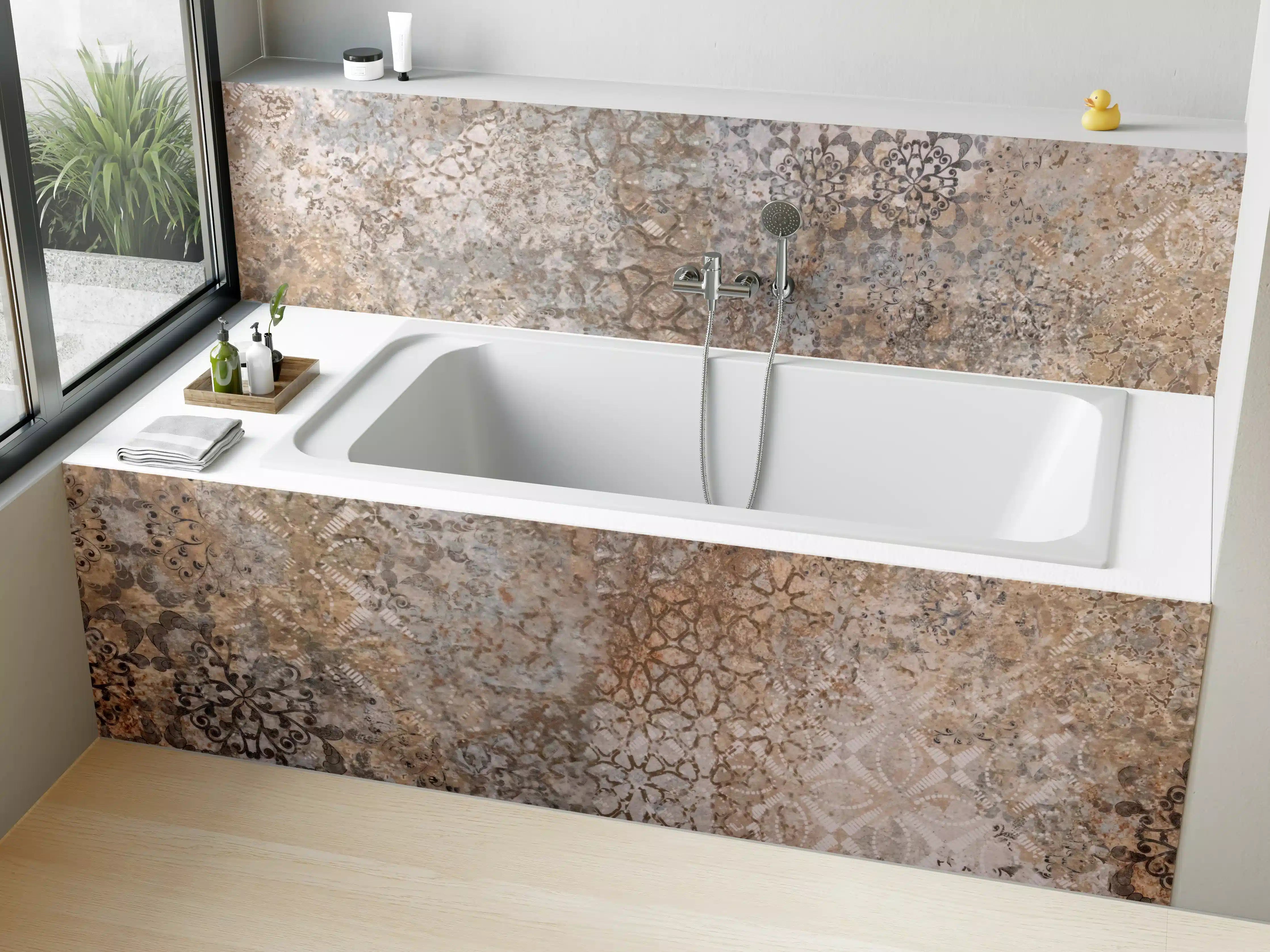 Badewannen-Rückwand - Beige Vintage Blumenmuster im Tapeten-Stil