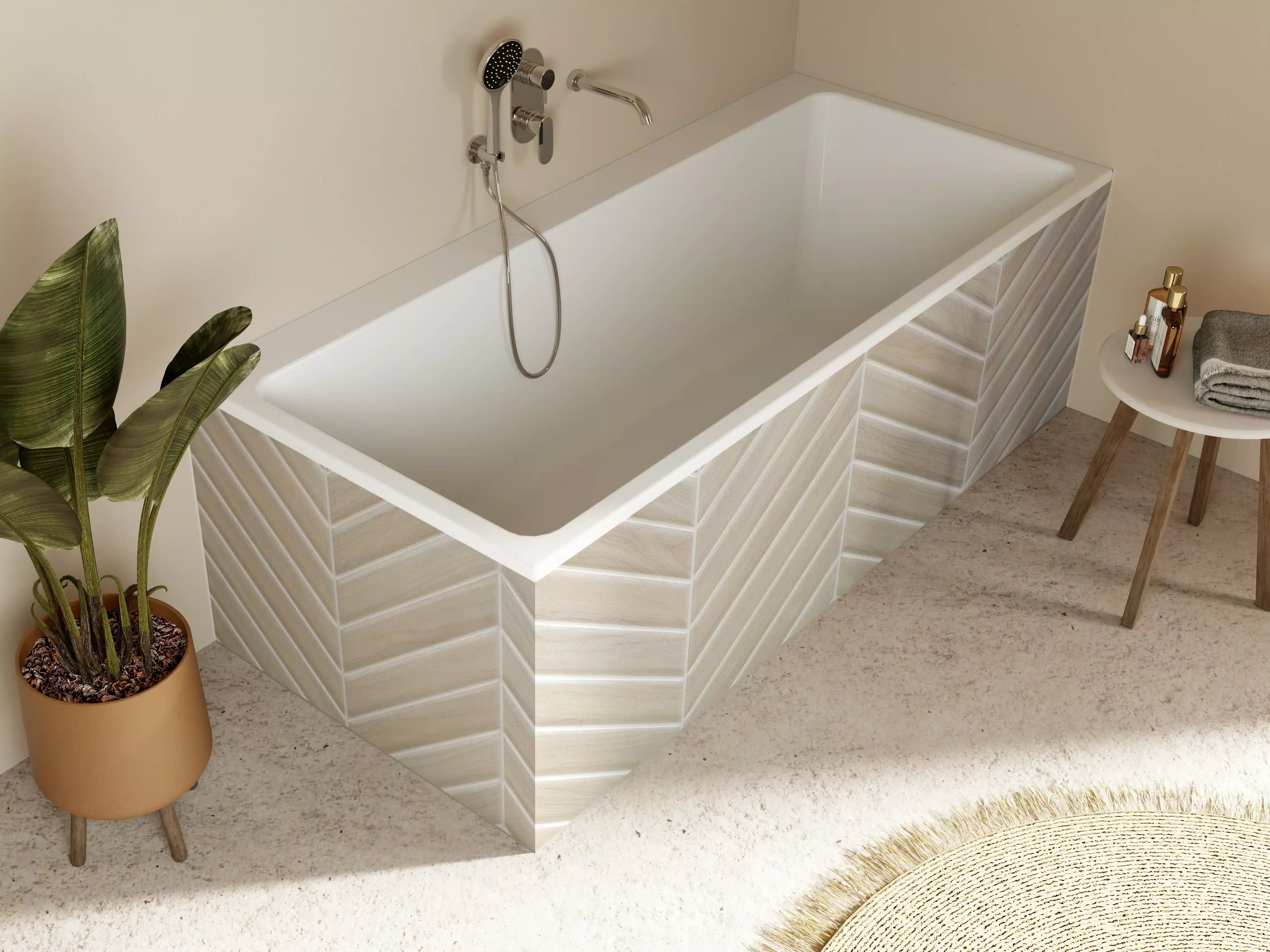Badewannen-Rückwand - Beige Vintage Fliesen mit herringbone Muster