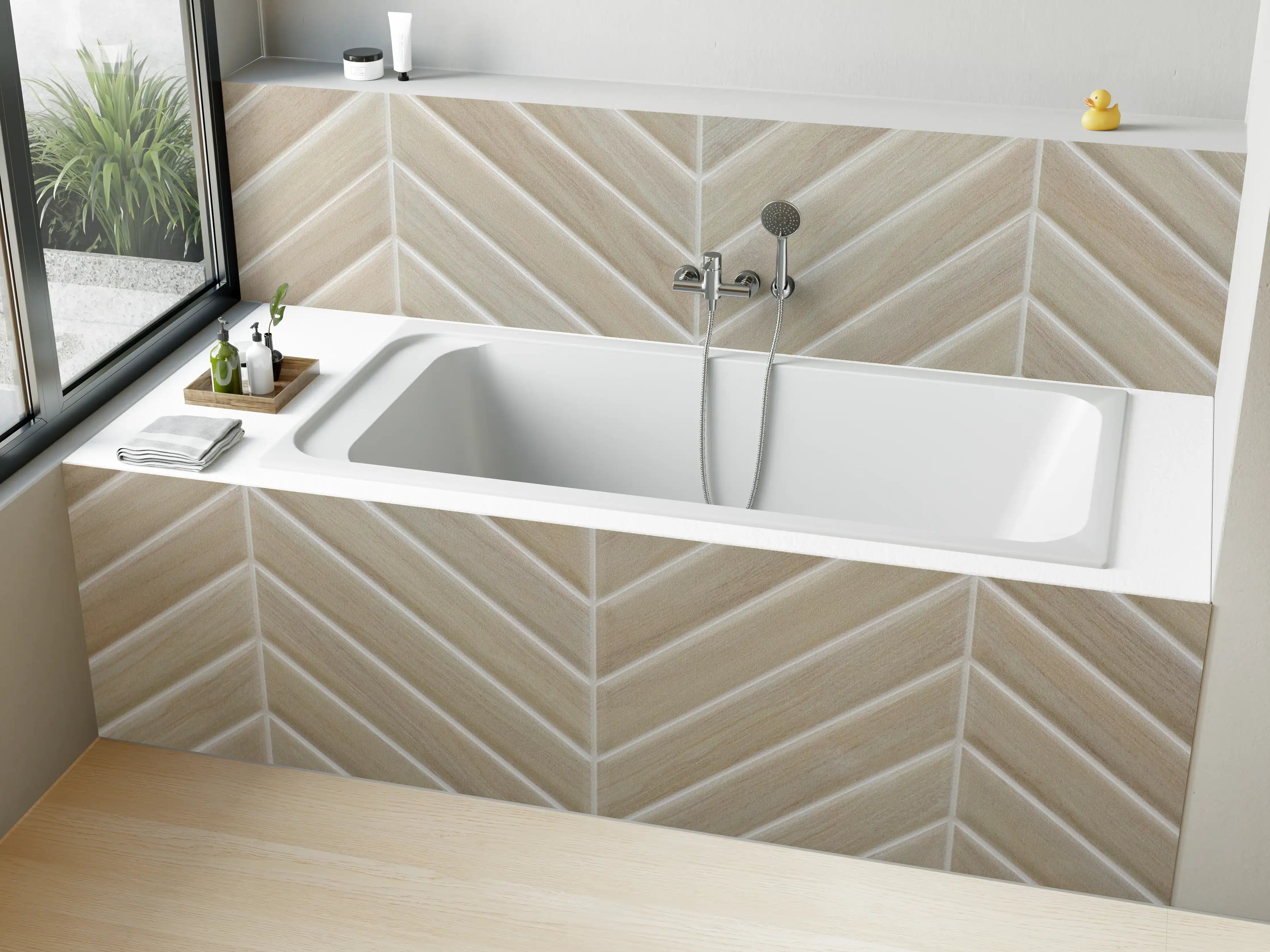 Badewannen-Rückwand - Beige Vintage Fliesen mit herringbone Muster