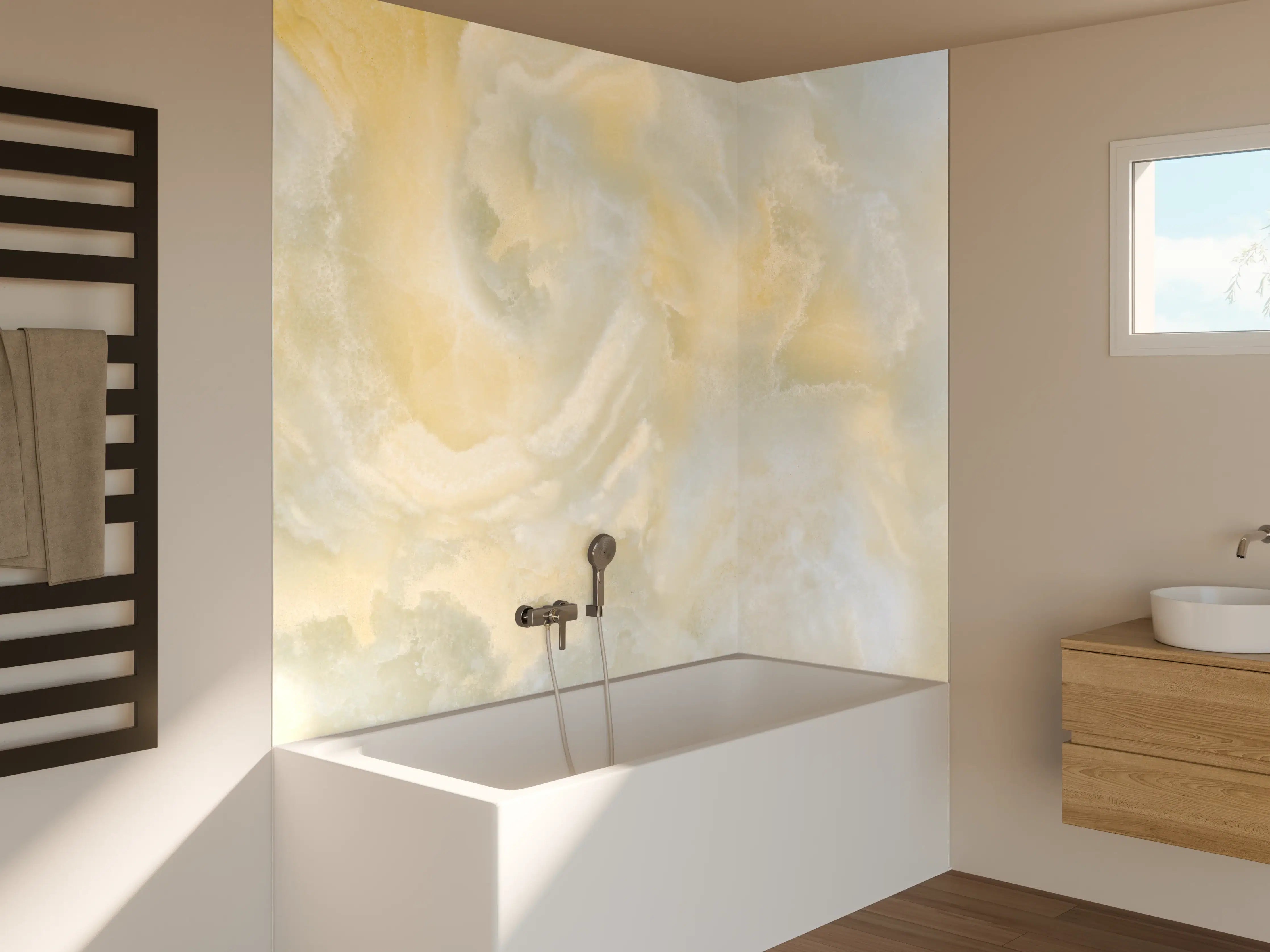 Badewannen-Rückwand - Beige-Weiß-Betonwand mit feiner Struktur