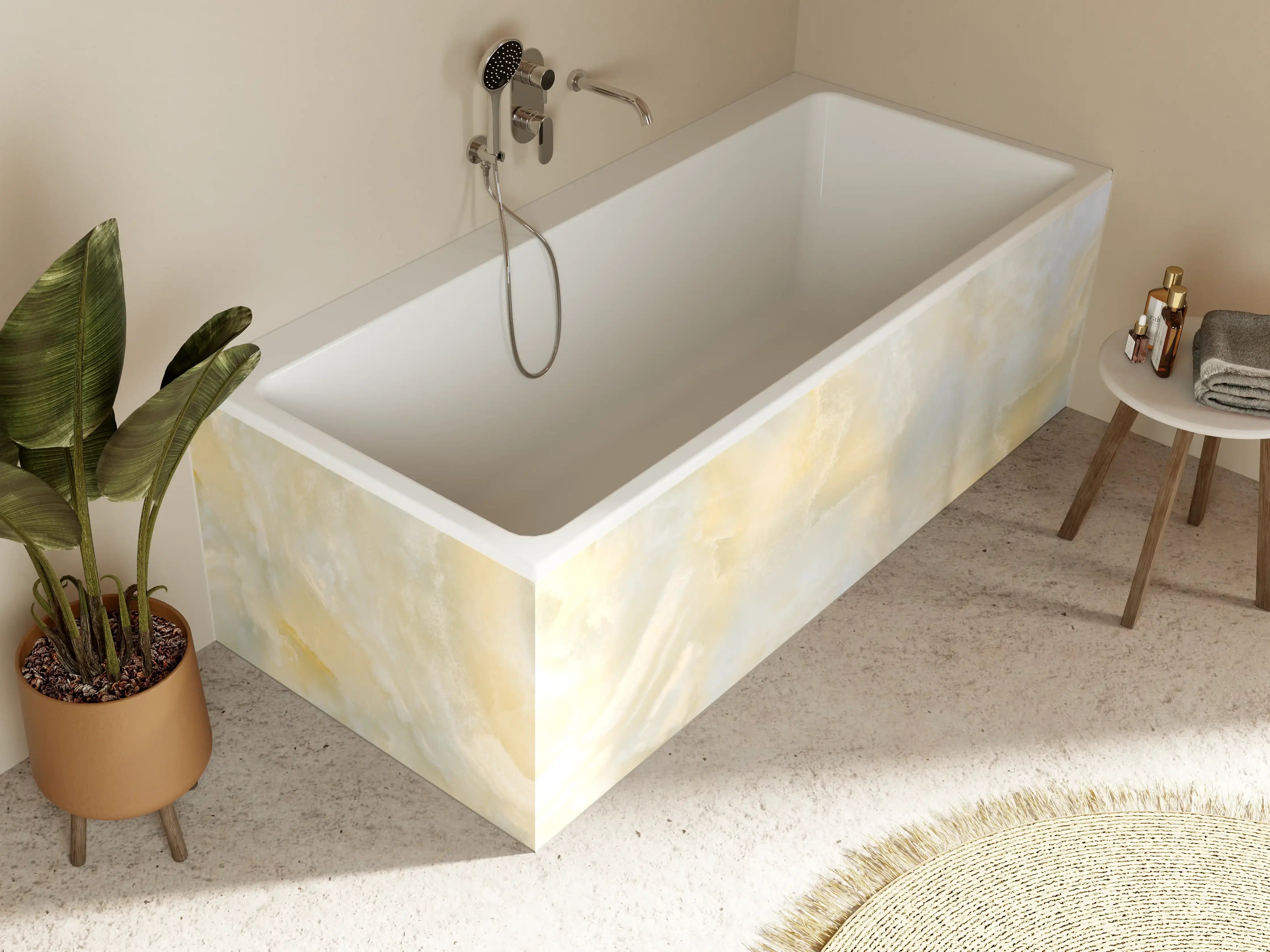 Badewannen-Rückwand - Beige-Weiß-Betonwand mit feiner Struktur