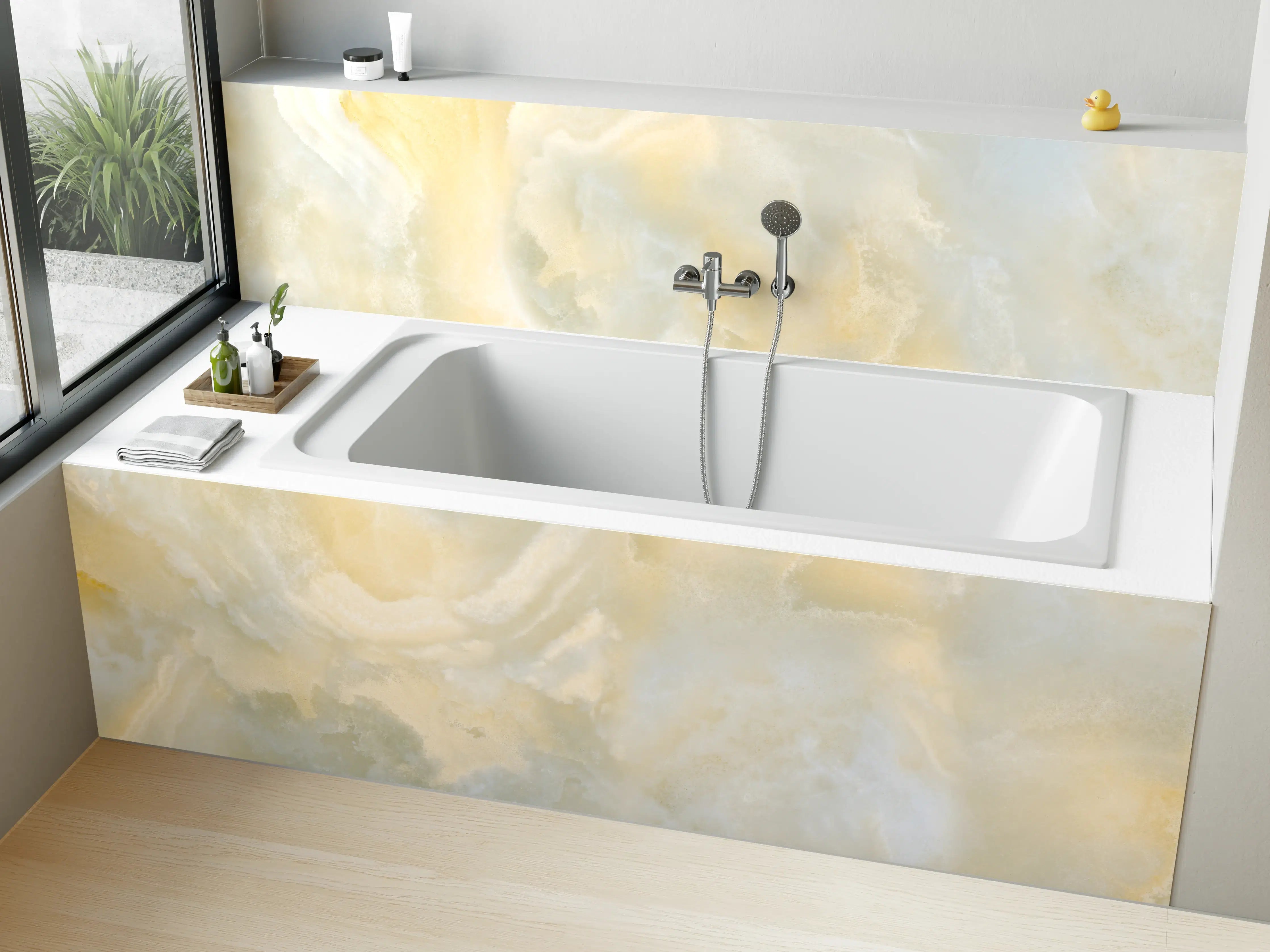 Badewannen-Rückwand - Beige-Weiß-Betonwand mit feiner Struktur