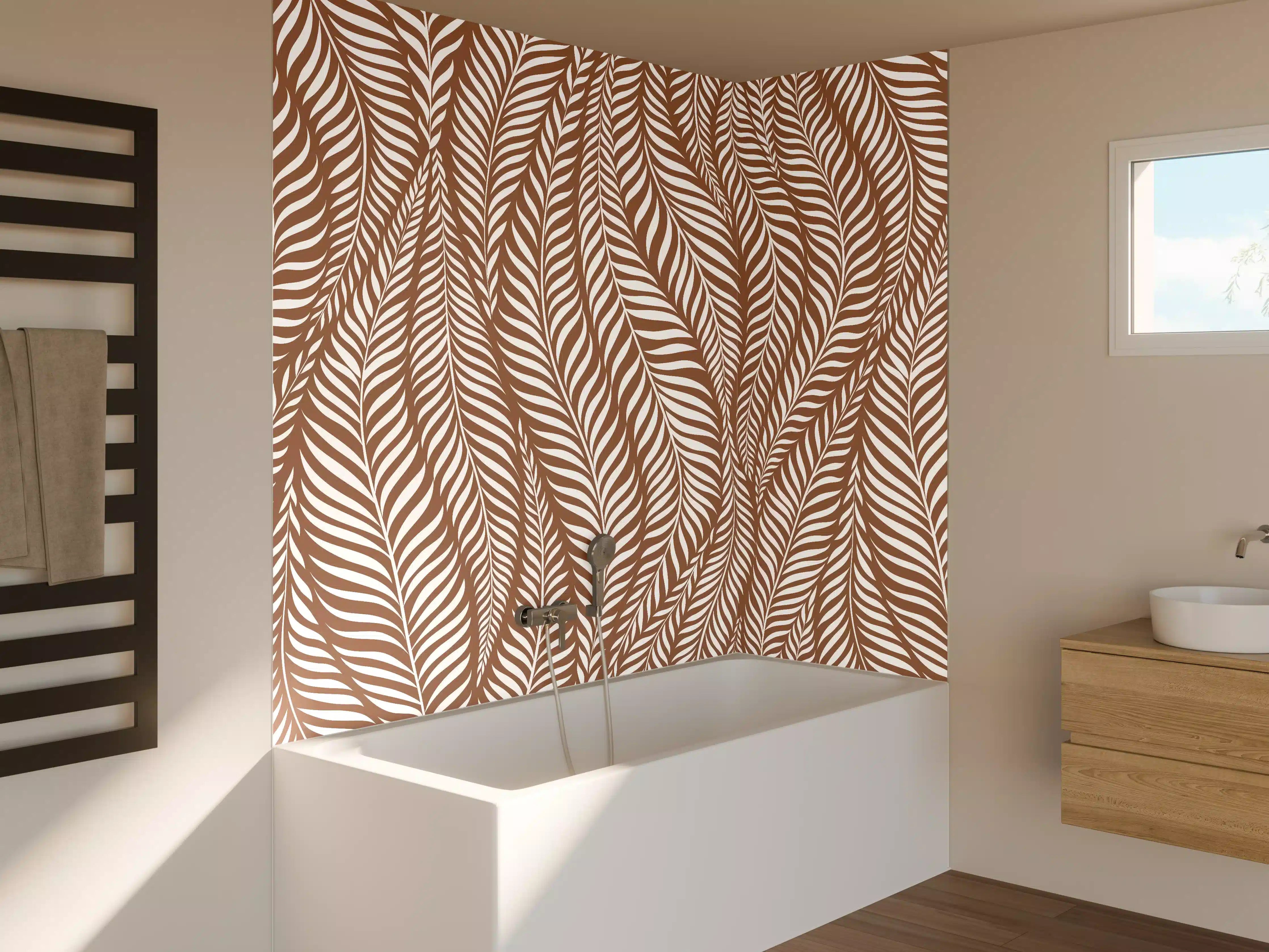Badewannen-Rückwand - Beige-Weiße Blättermuster Wandgestaltung