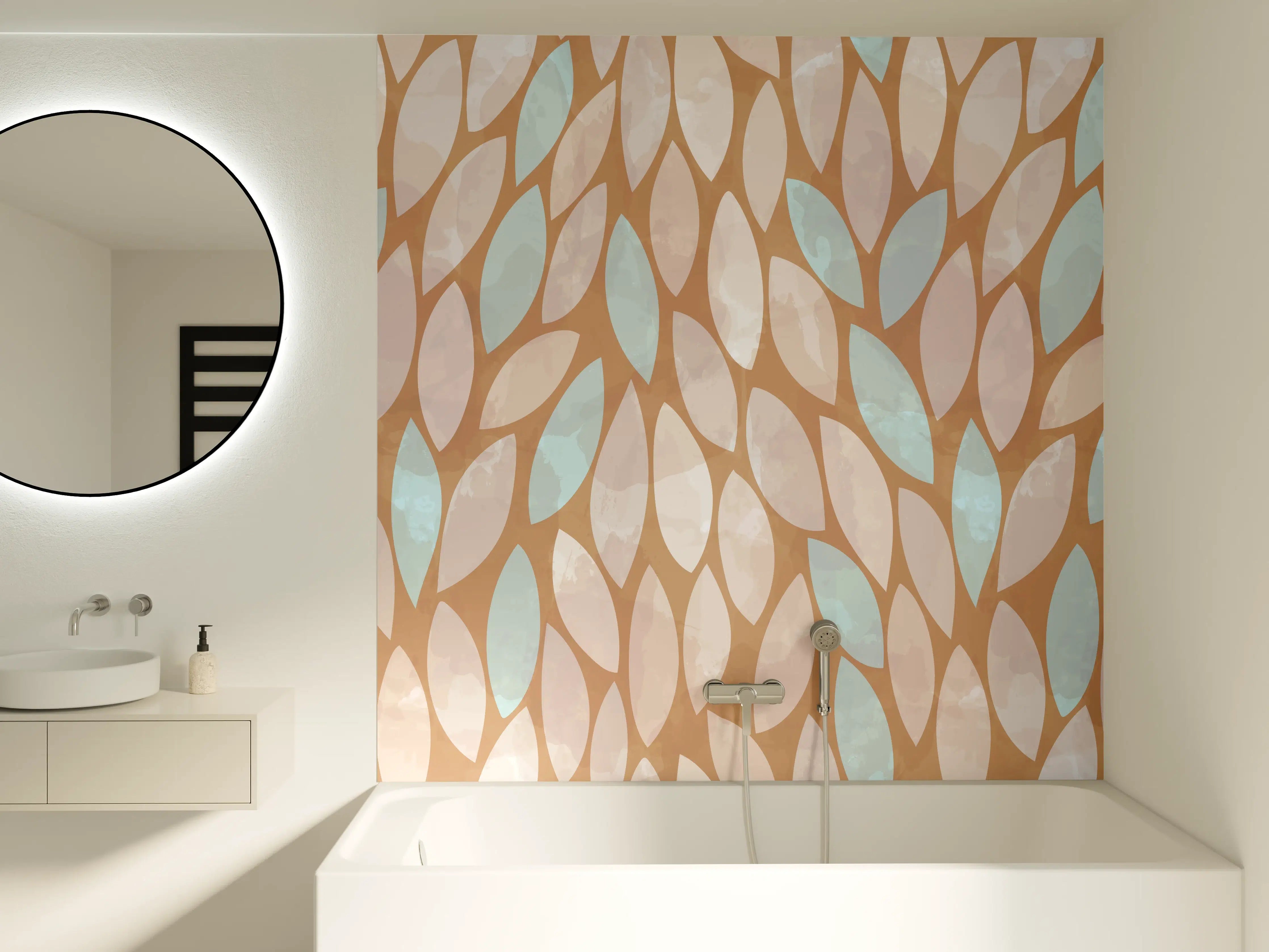 Badewannen-Rückwand - Beige-Weiße Blätterstruktur mit zarten No-Touch-Farben