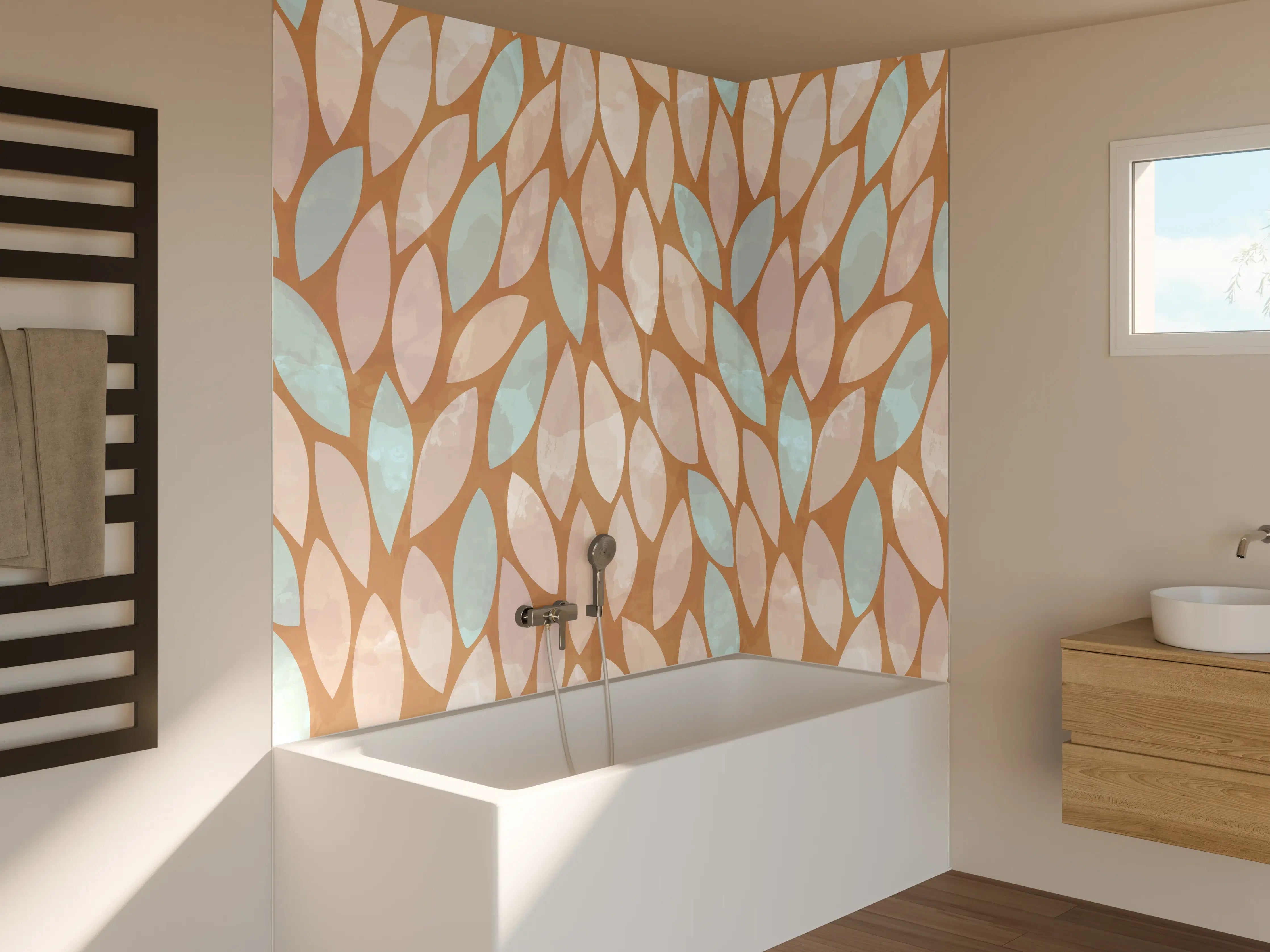 Badewannen-Rückwand - Beige-Weiße Blätterstruktur mit zarten No-Touch-Farben