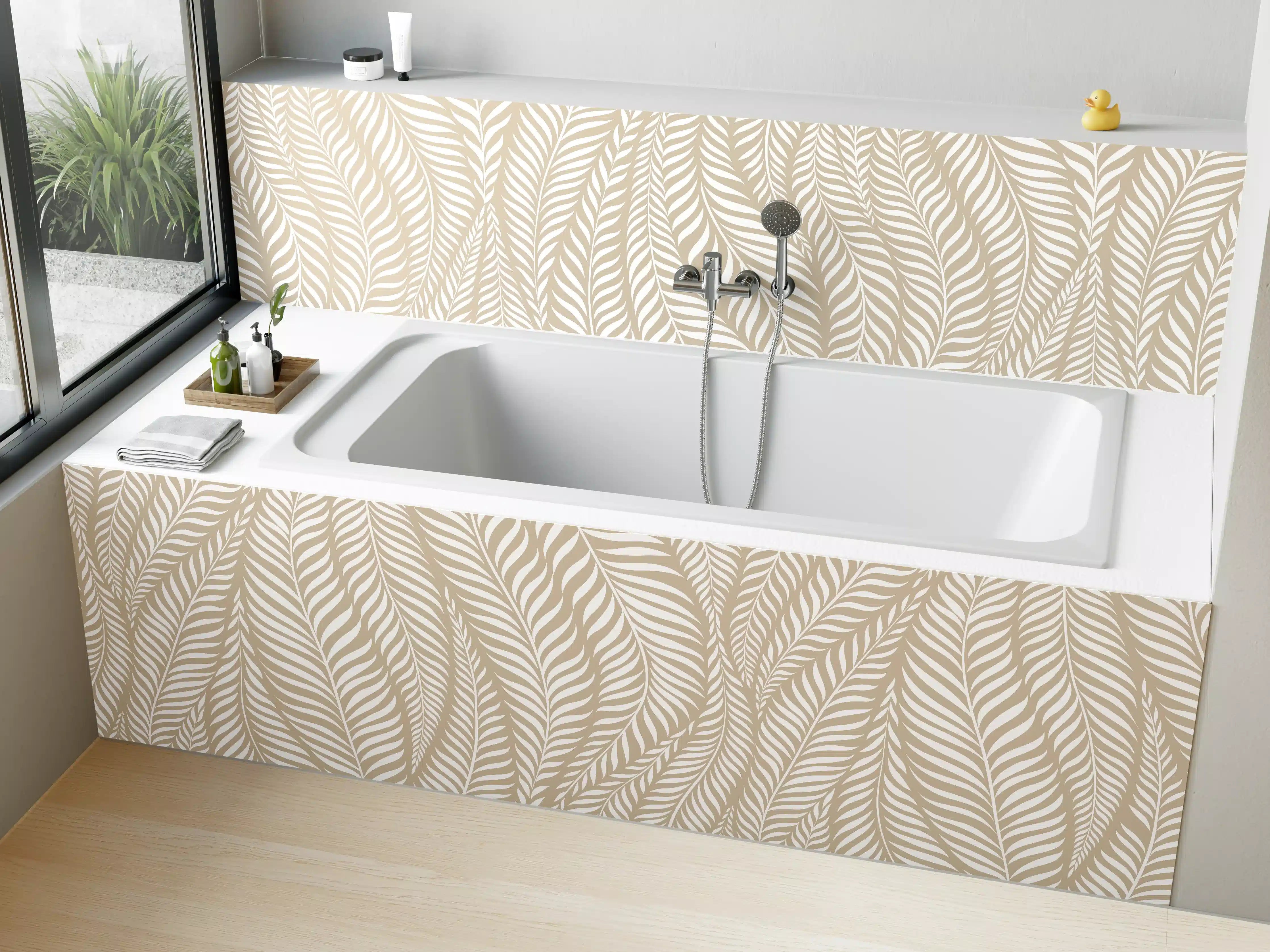 Badewannen-Rückwand - Beige-Weiße Blattmuster Wandgestaltung