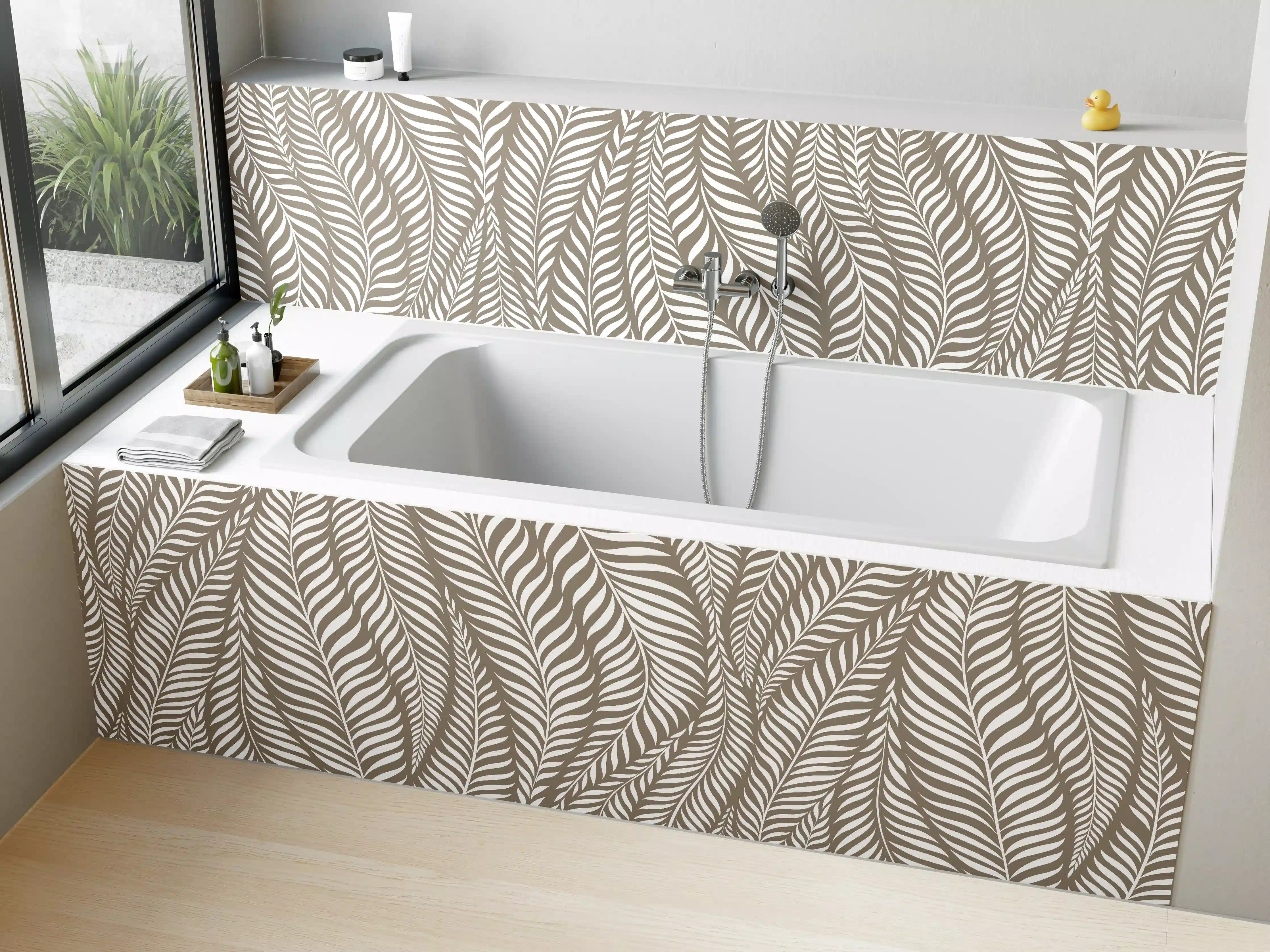 Badewannen-Rückwand - Beige-Weiße Blattmusterwand mit feinen Linien