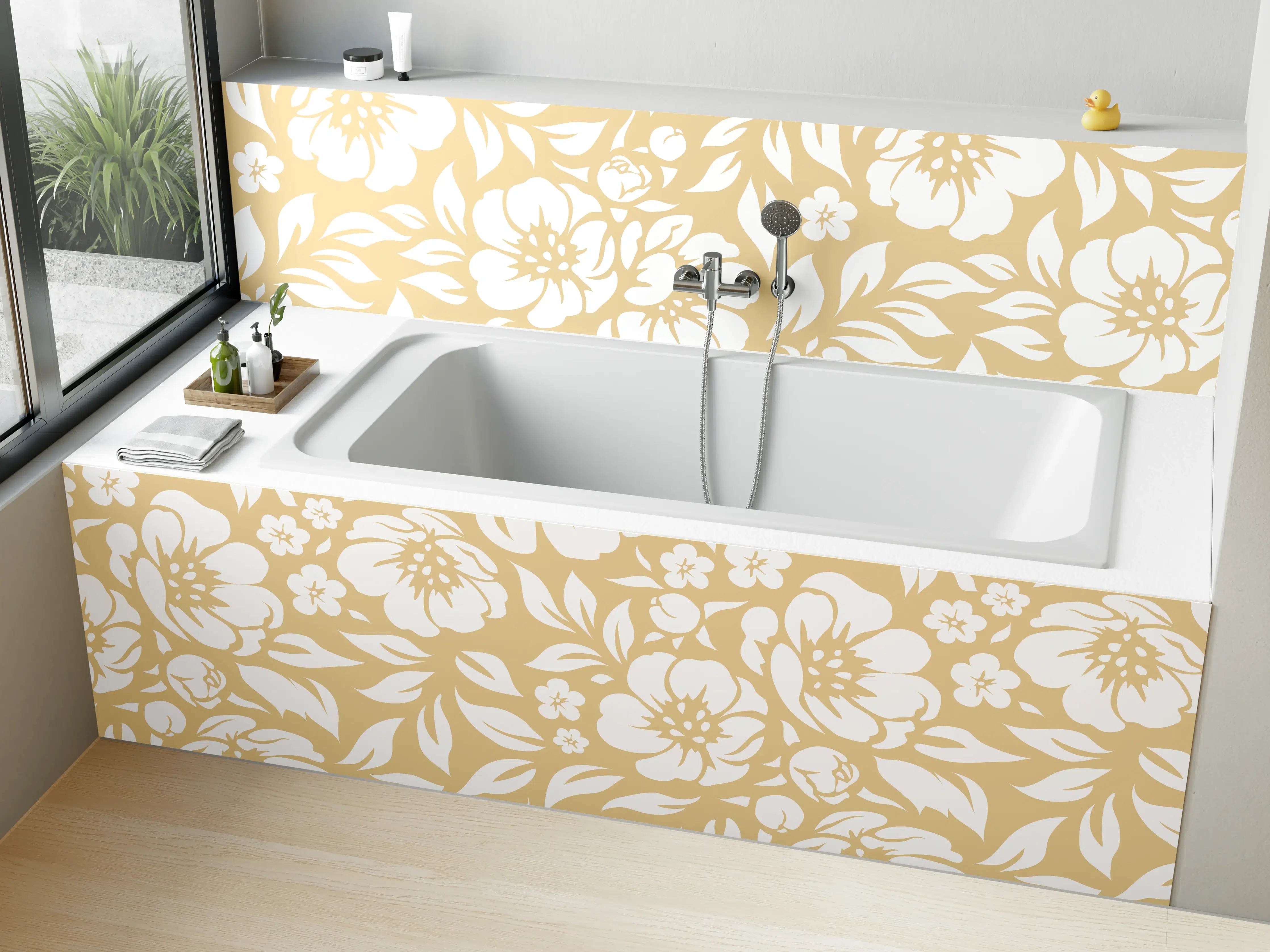 Badewannen-Rückwand - Beige-Weiße Blumenmuster-Textur