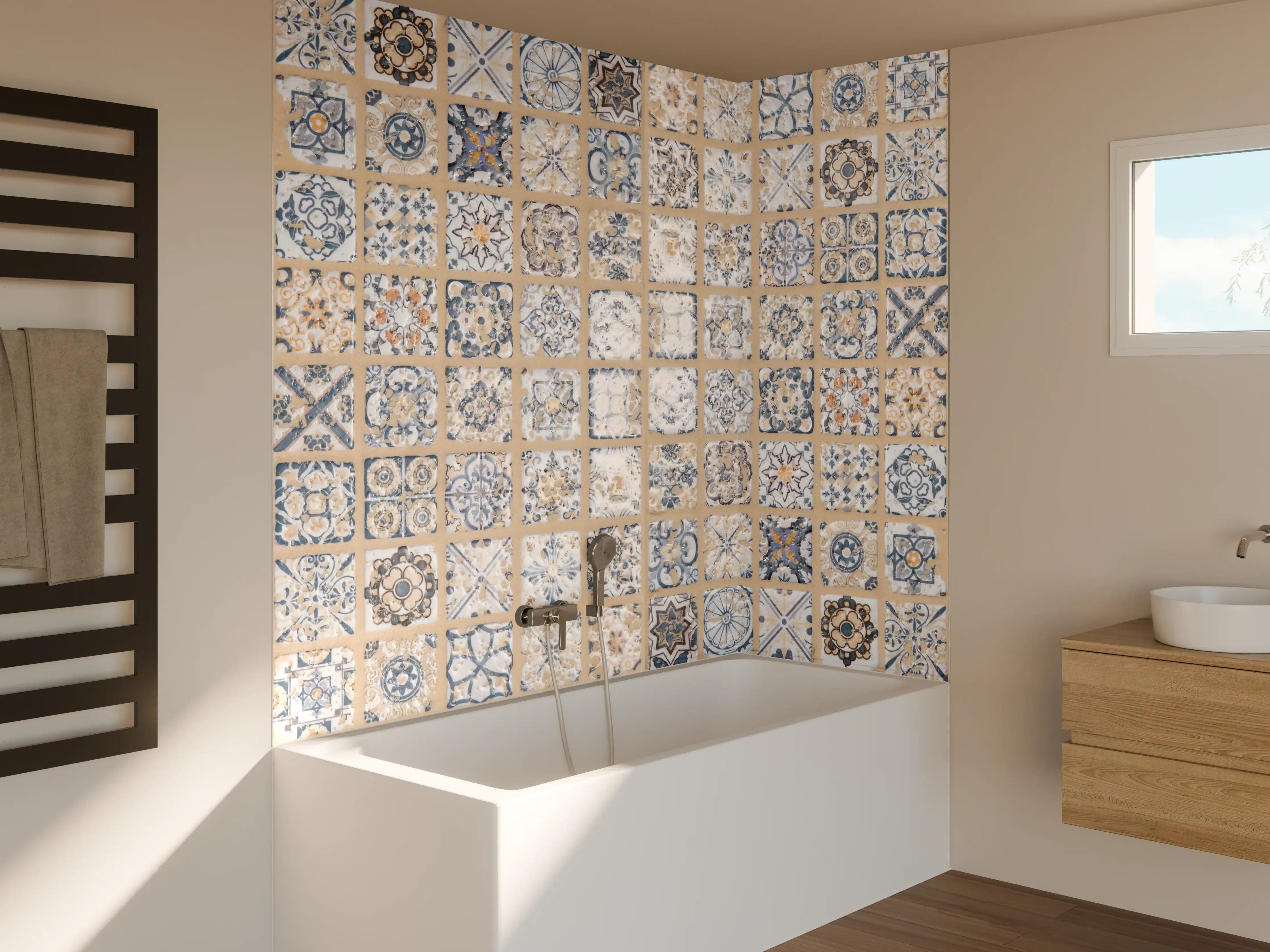 Badewannen-Rückwand - Beige-blau Vintage Mosaik