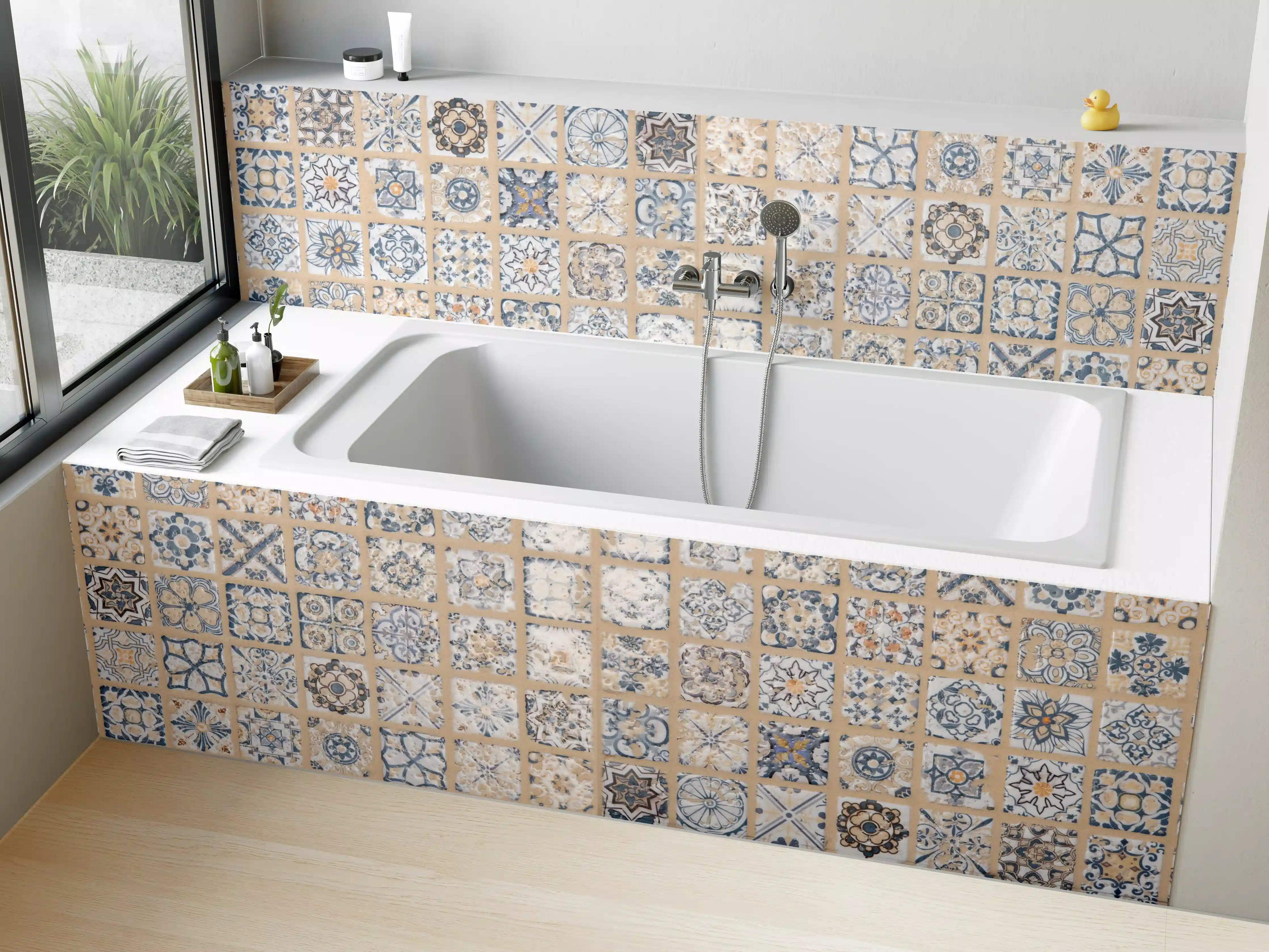 Badewannen-Rückwand - Beige-blau Vintage Mosaik