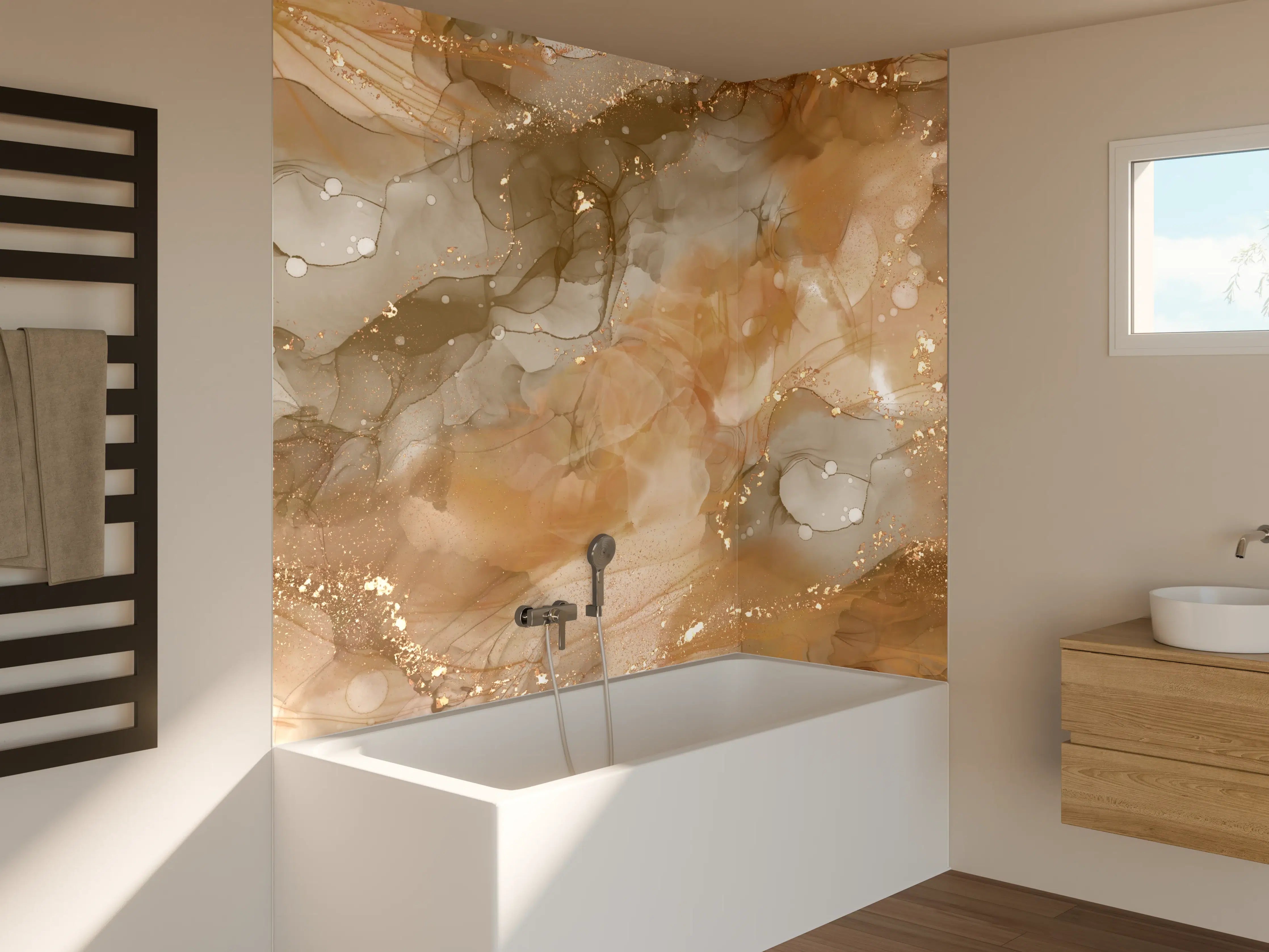 Badewannen-Rückwand - Beige und Braun mit Goldakzenten