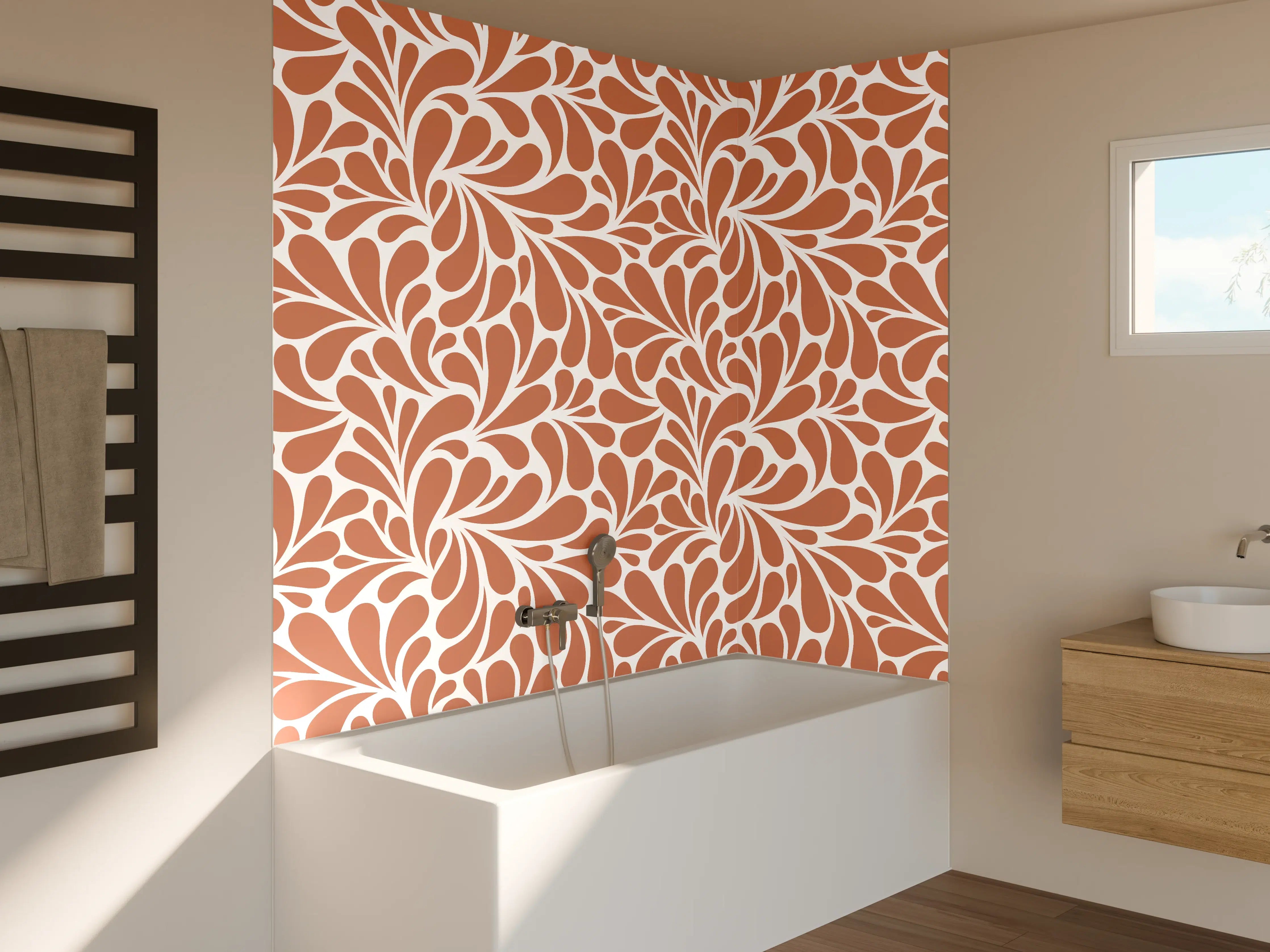 Badewannen-Rückwand - Beige und Weiß Blattmuster