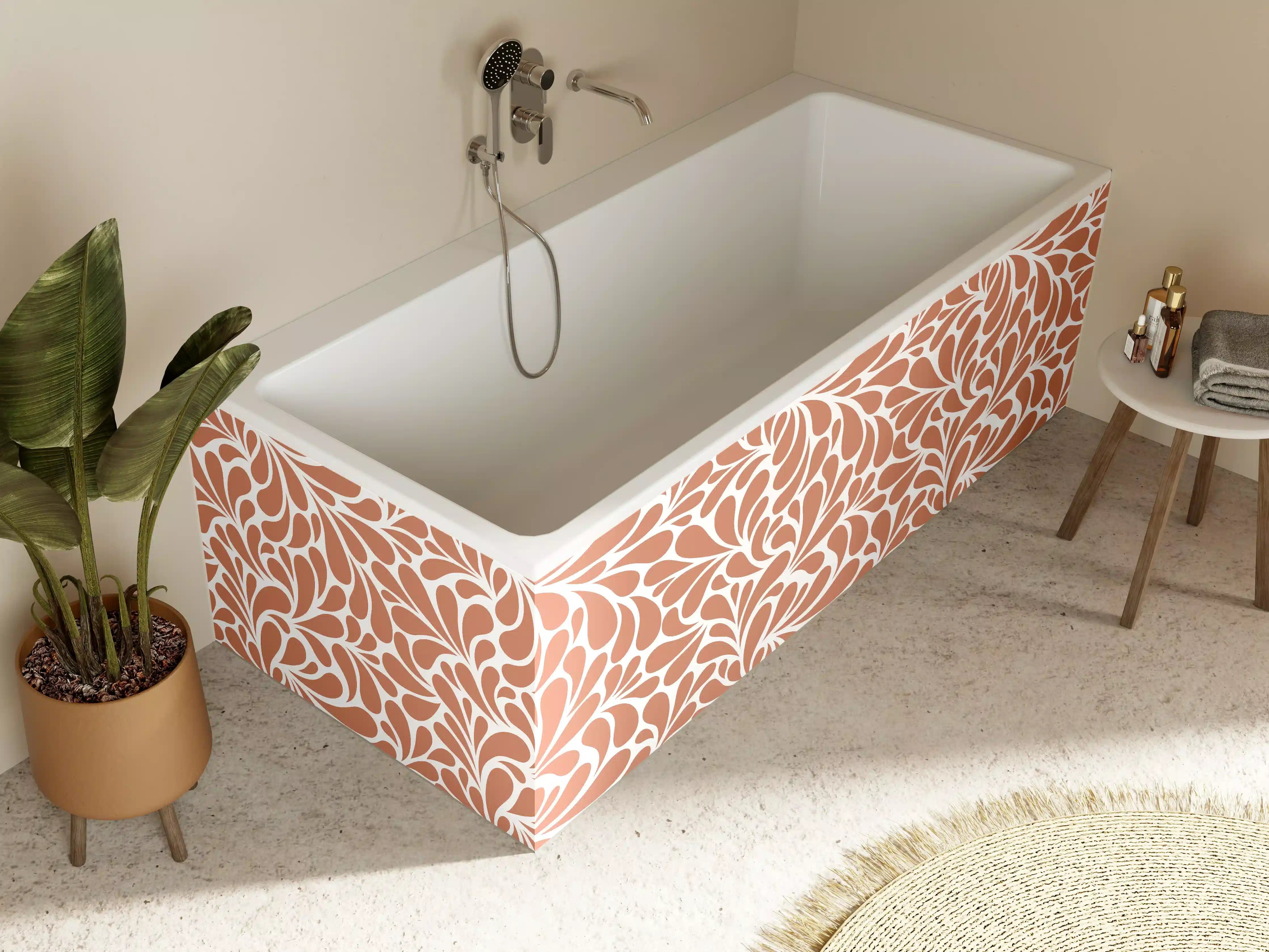 Badewannen-Rückwand - Beige und Weiß Blattmuster