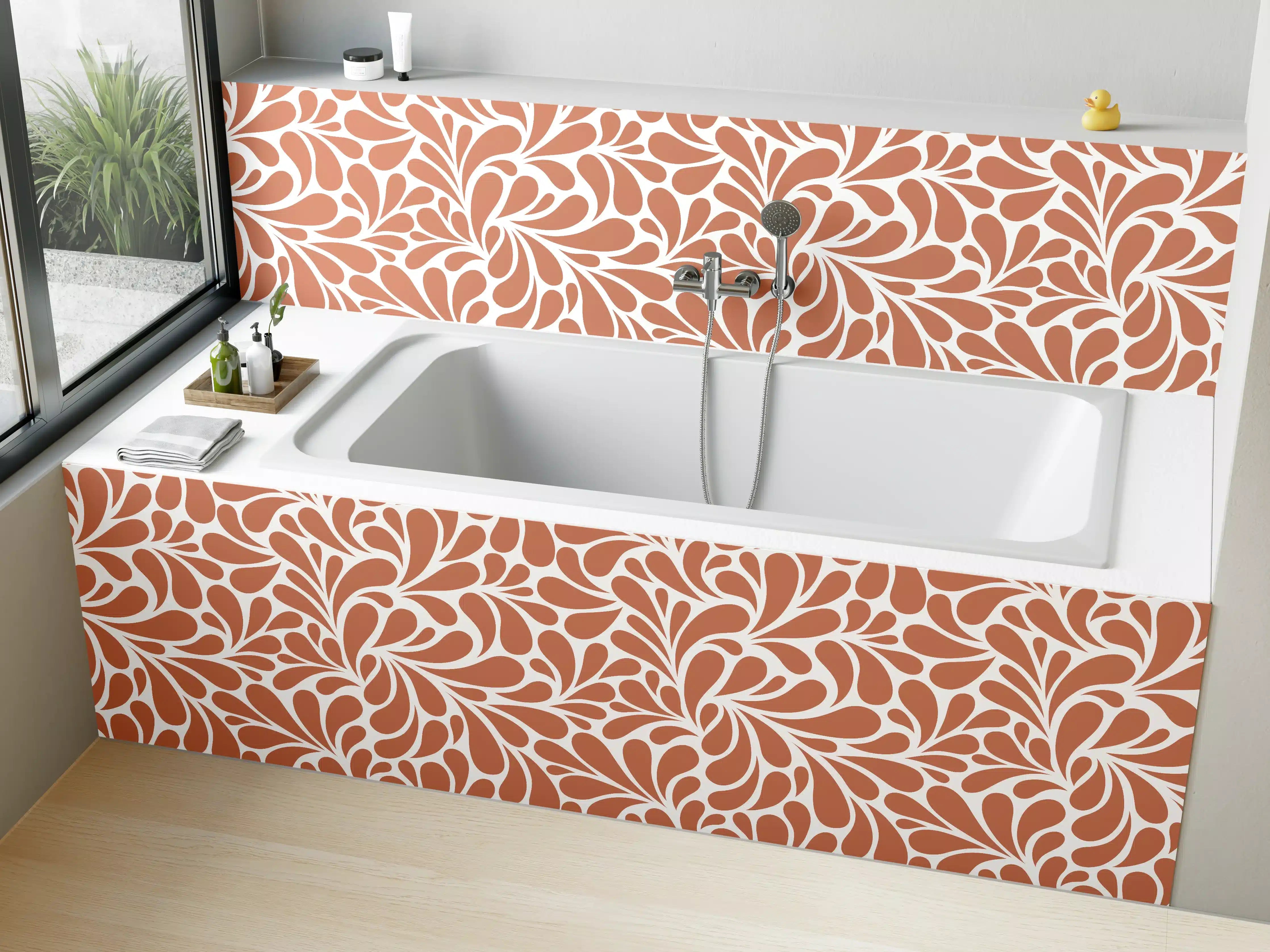 Badewannen-Rückwand - Beige und Weiß Blattmuster