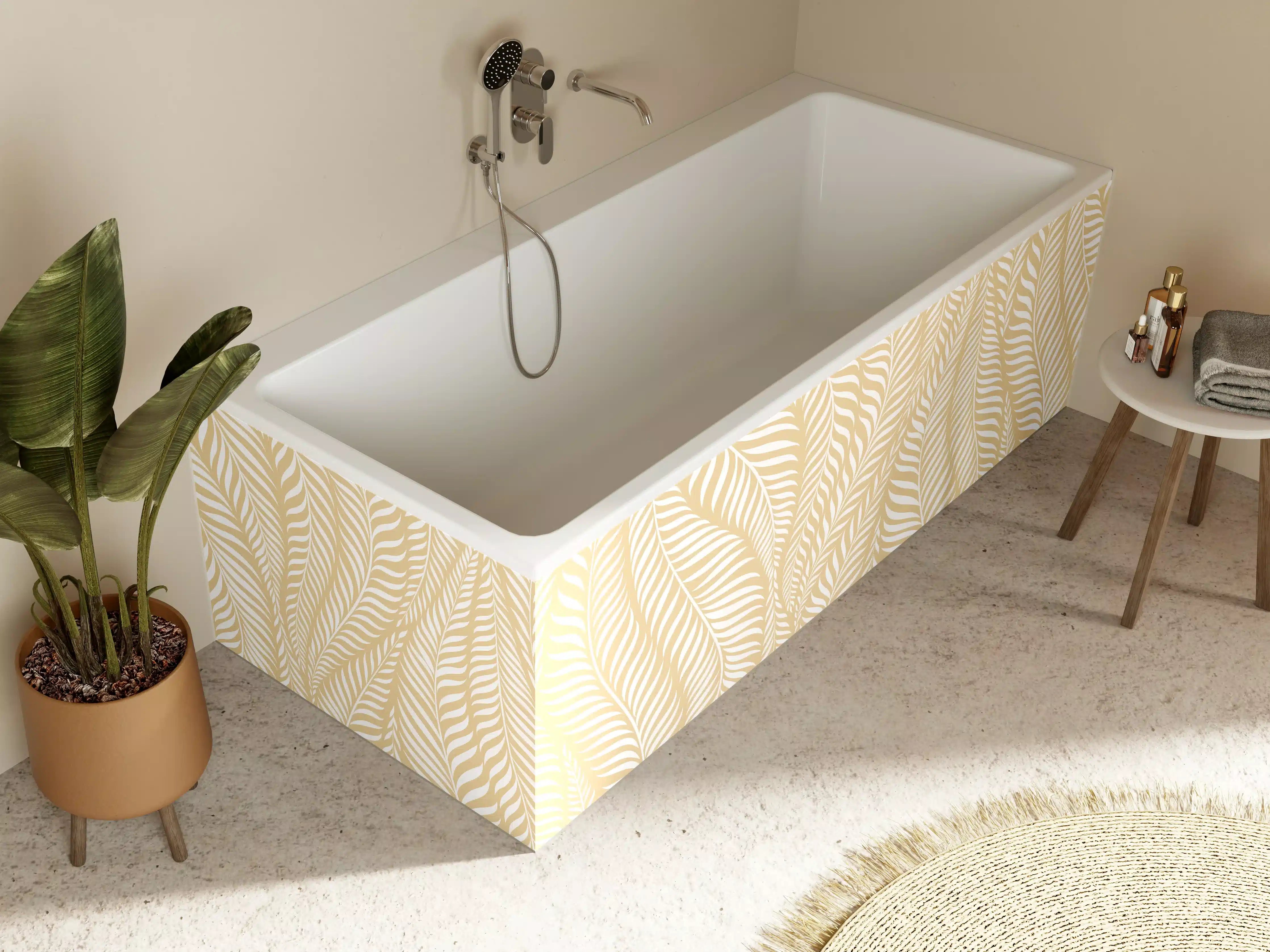 Badewannen-Rückwand - Beige-weiße Blattmuster mit feinem Linienornament