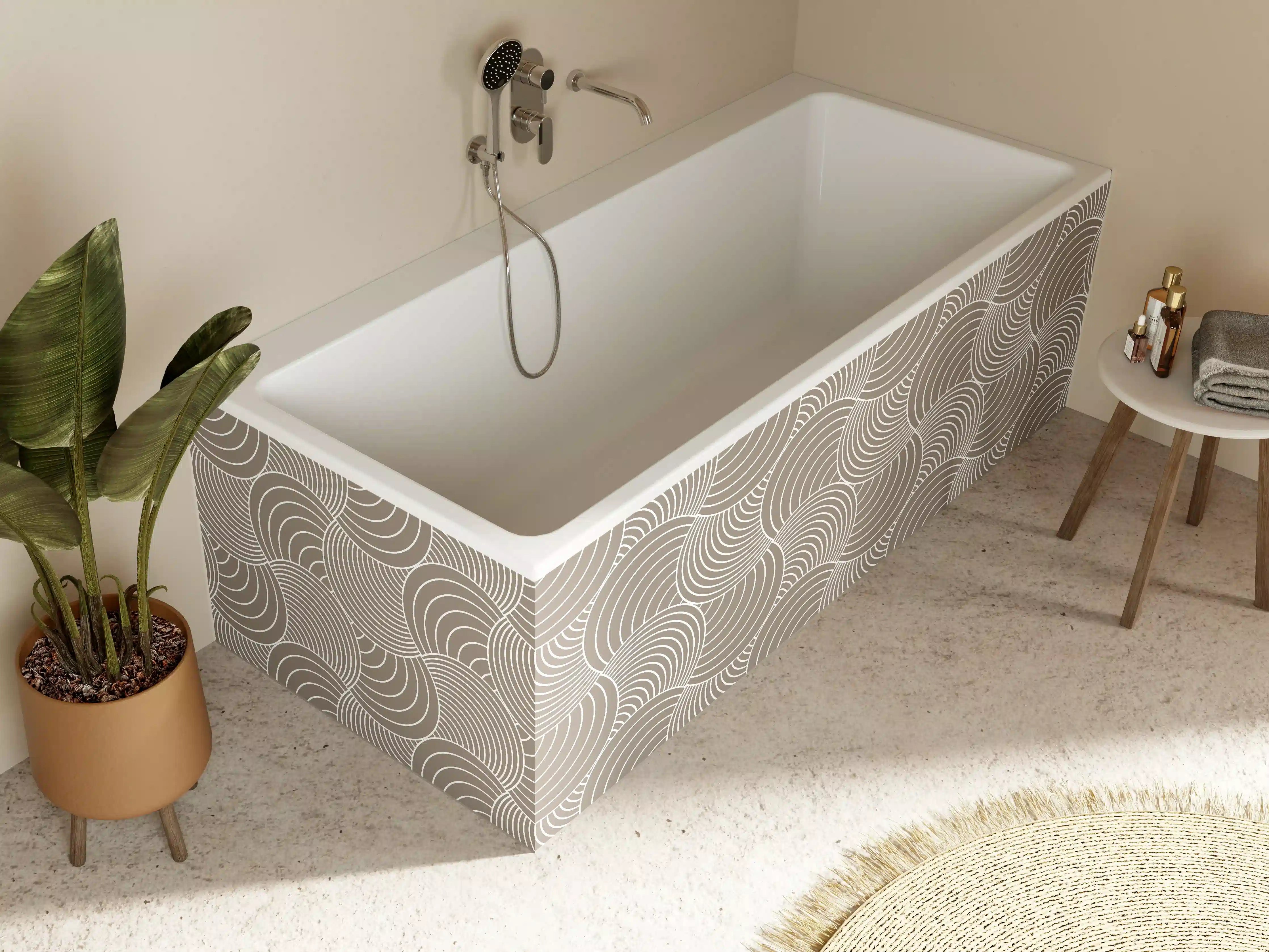 Badewannen-Rückwand - Beige-weiße geometrische Musterwandgestaltung
