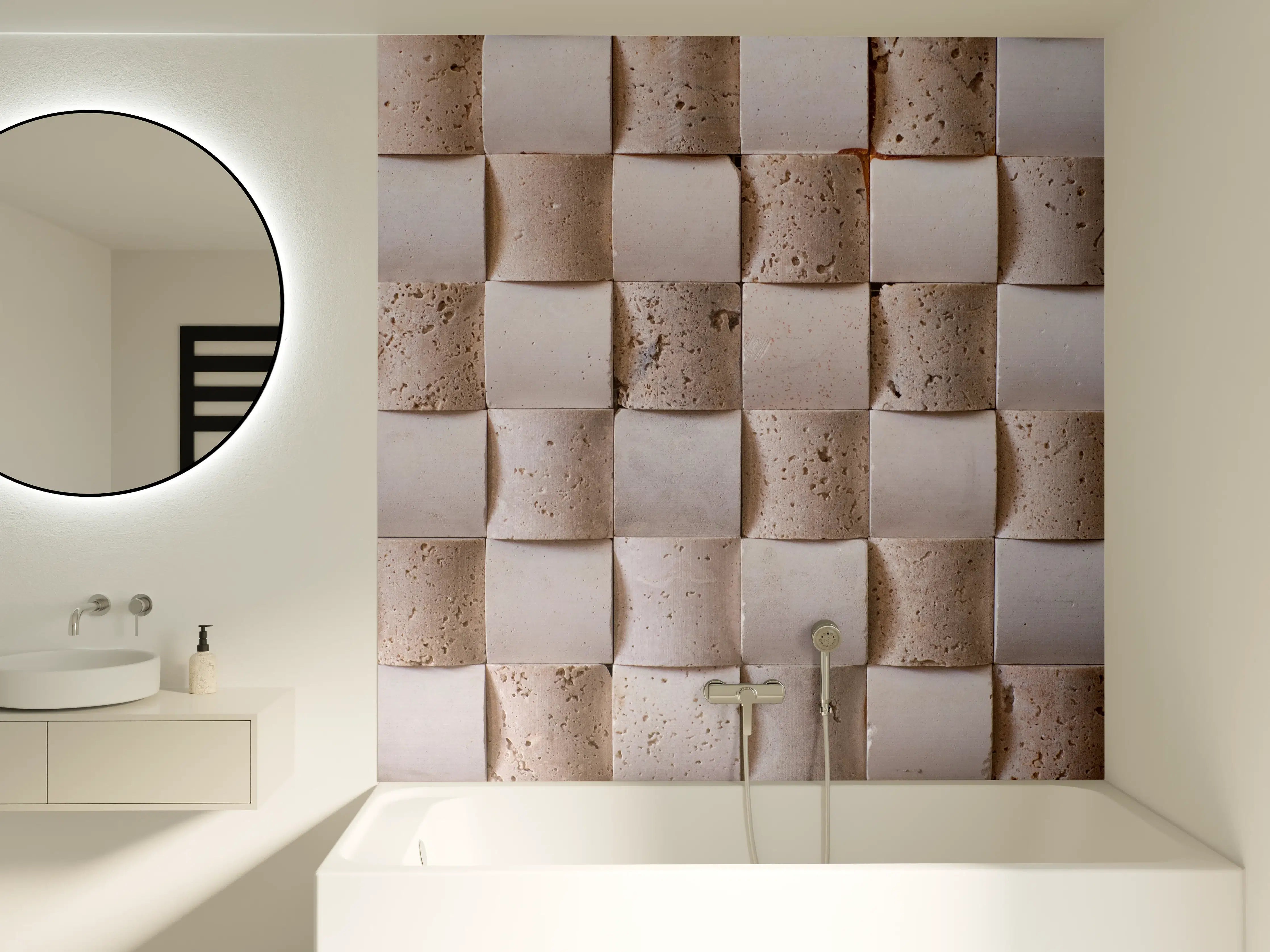 Badewannen-Rückwand - Beige-zementartige Wandfliesen mit Struktur