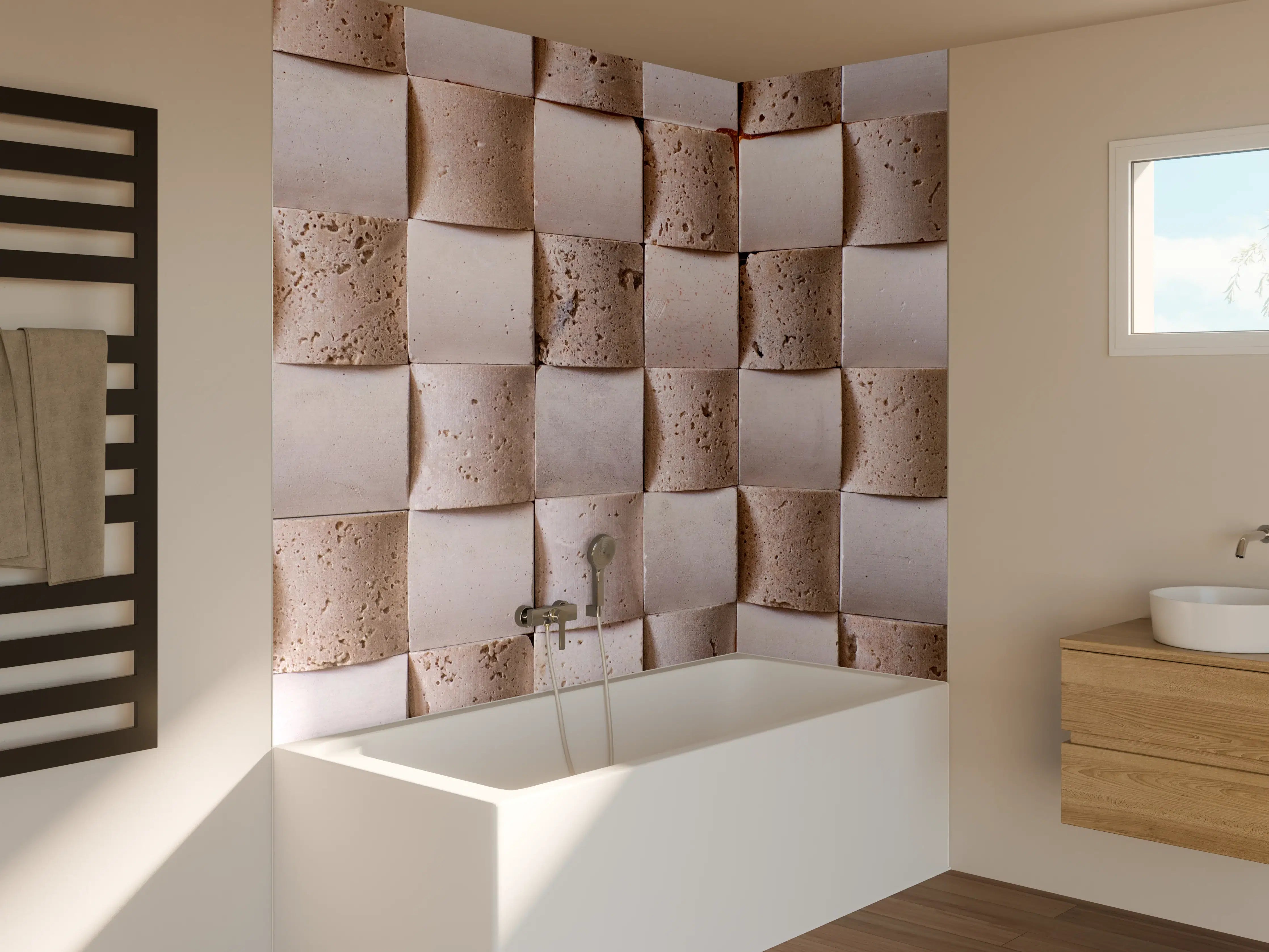 Badewannen-Rückwand - Beige-zementartige Wandfliesen mit Struktur