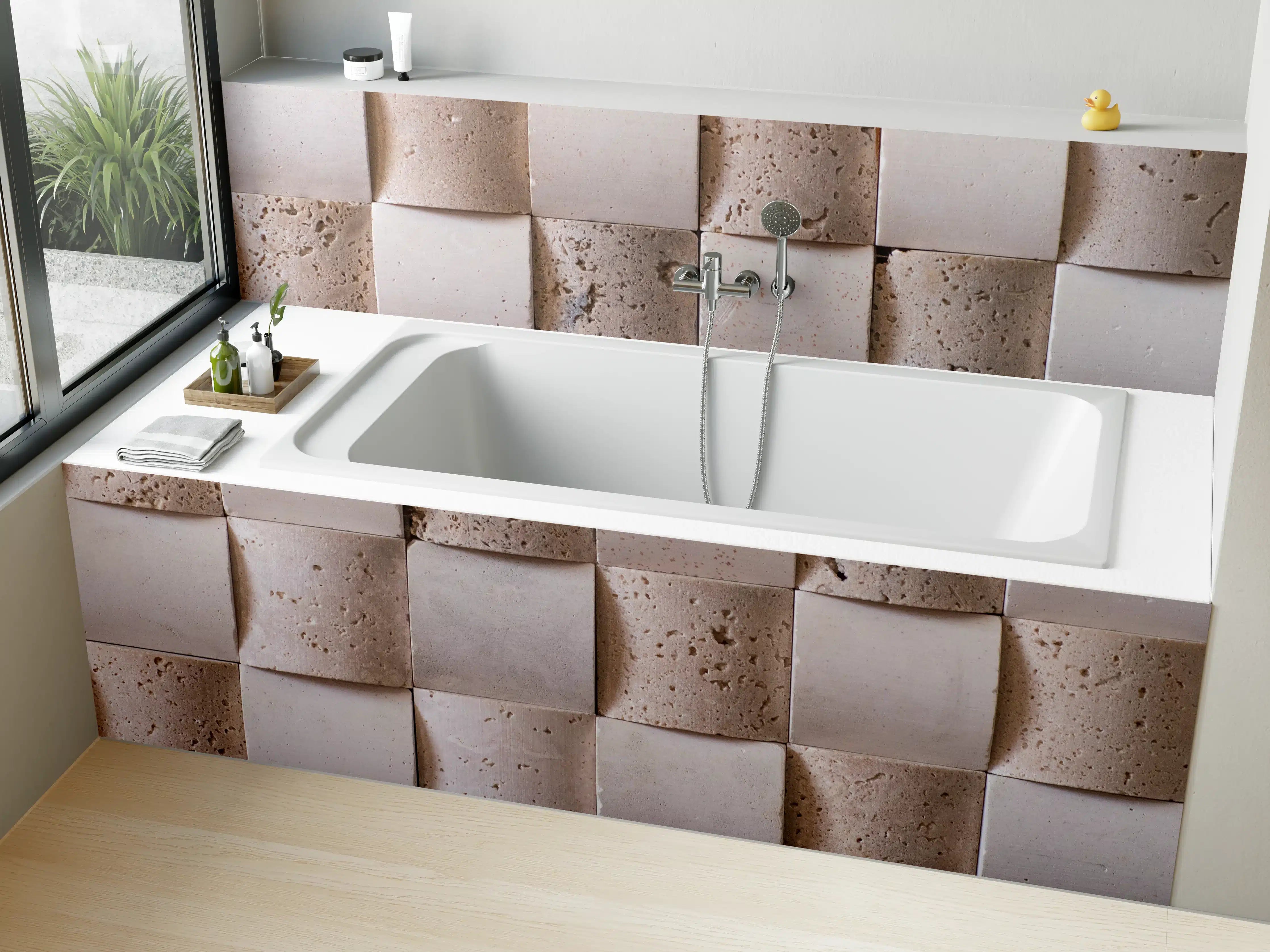 Badewannen-Rückwand - Beige-zementartige Wandfliesen mit Struktur