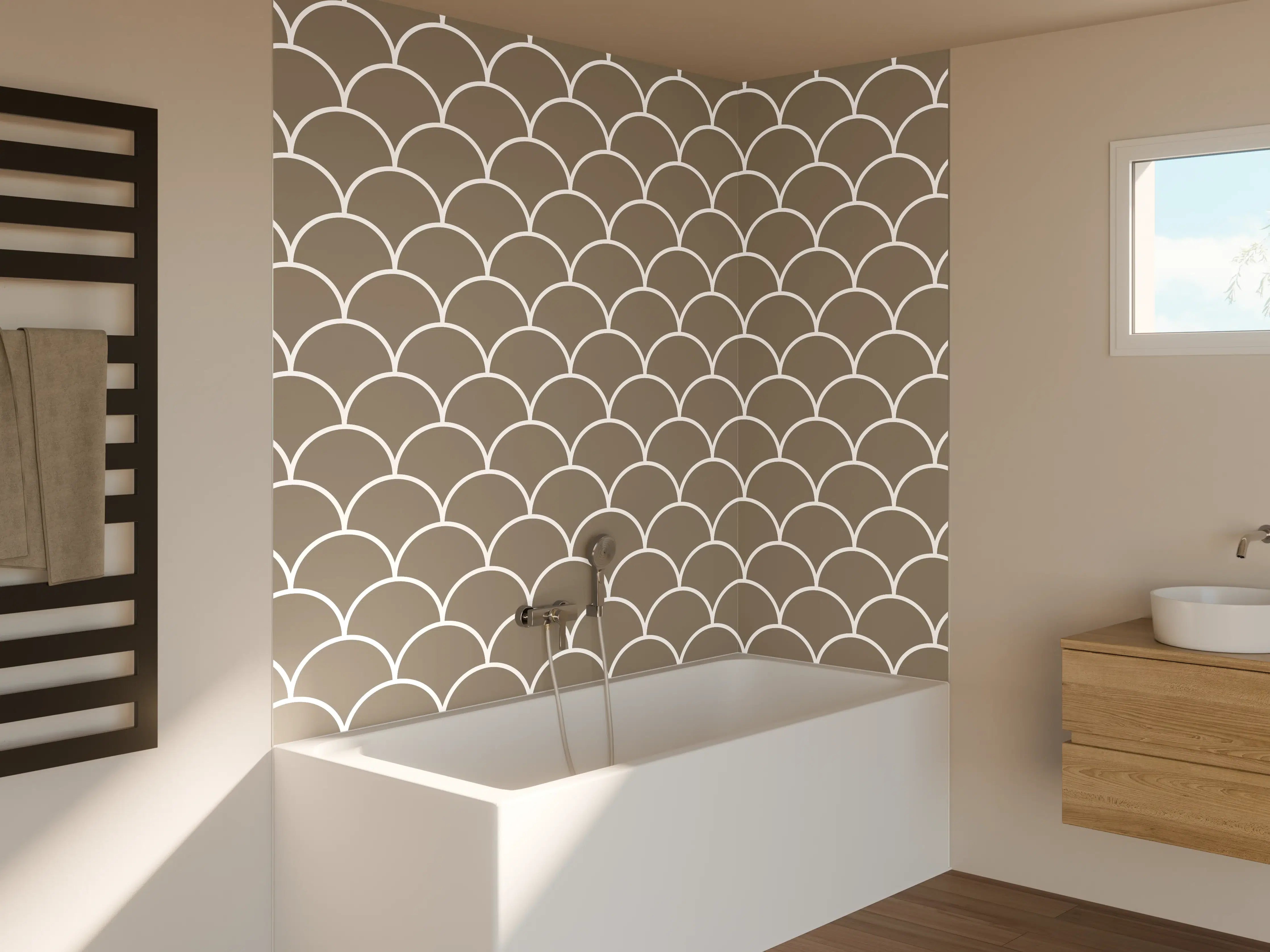 Badewannen-Rückwand - Beigen Gold-Weiße Fischschuppen-Muster-Wanddekoration
