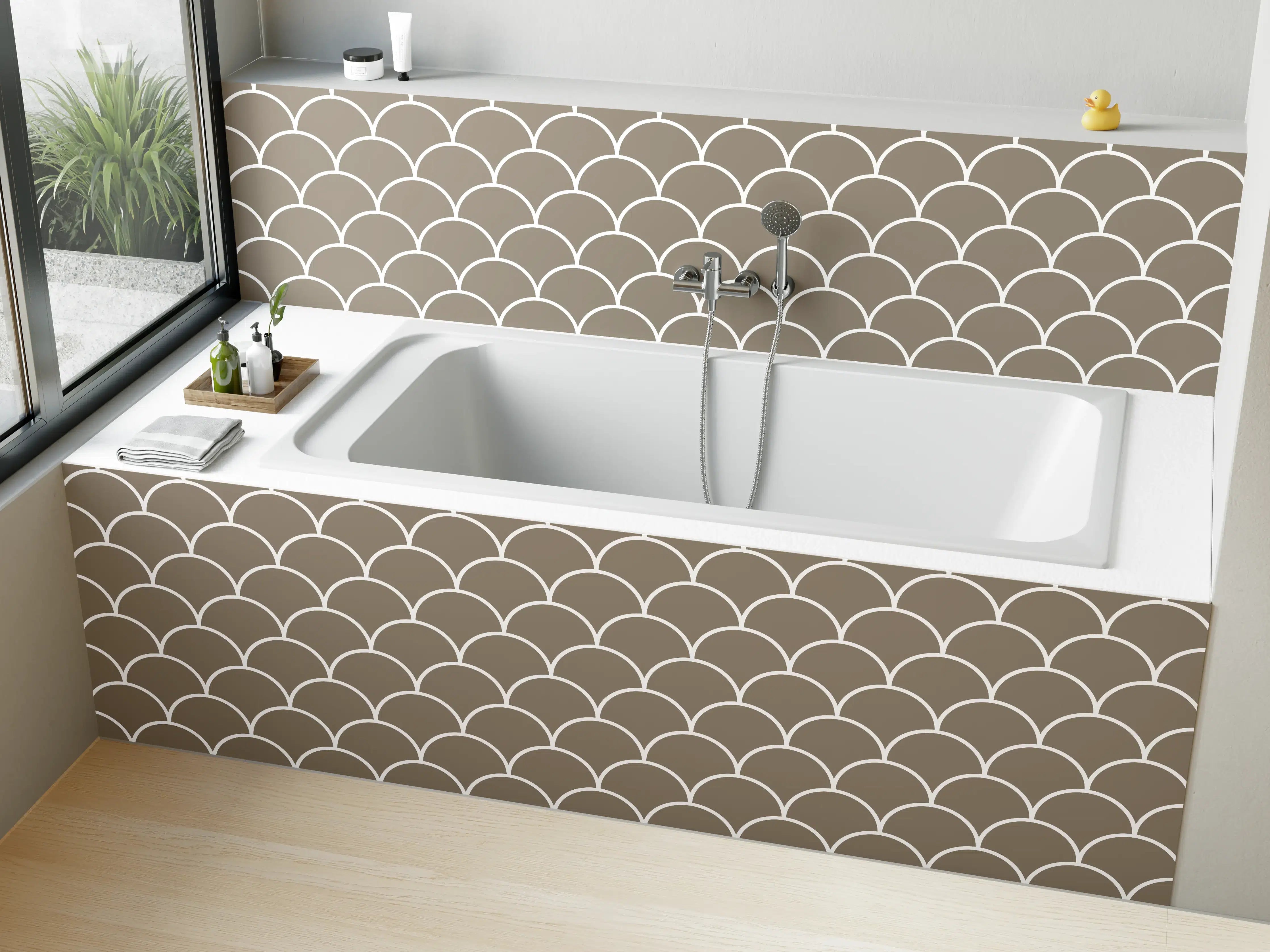 Badewannen-Rückwand - Beigen Gold-Weiße Fischschuppen-Muster-Wanddekoration