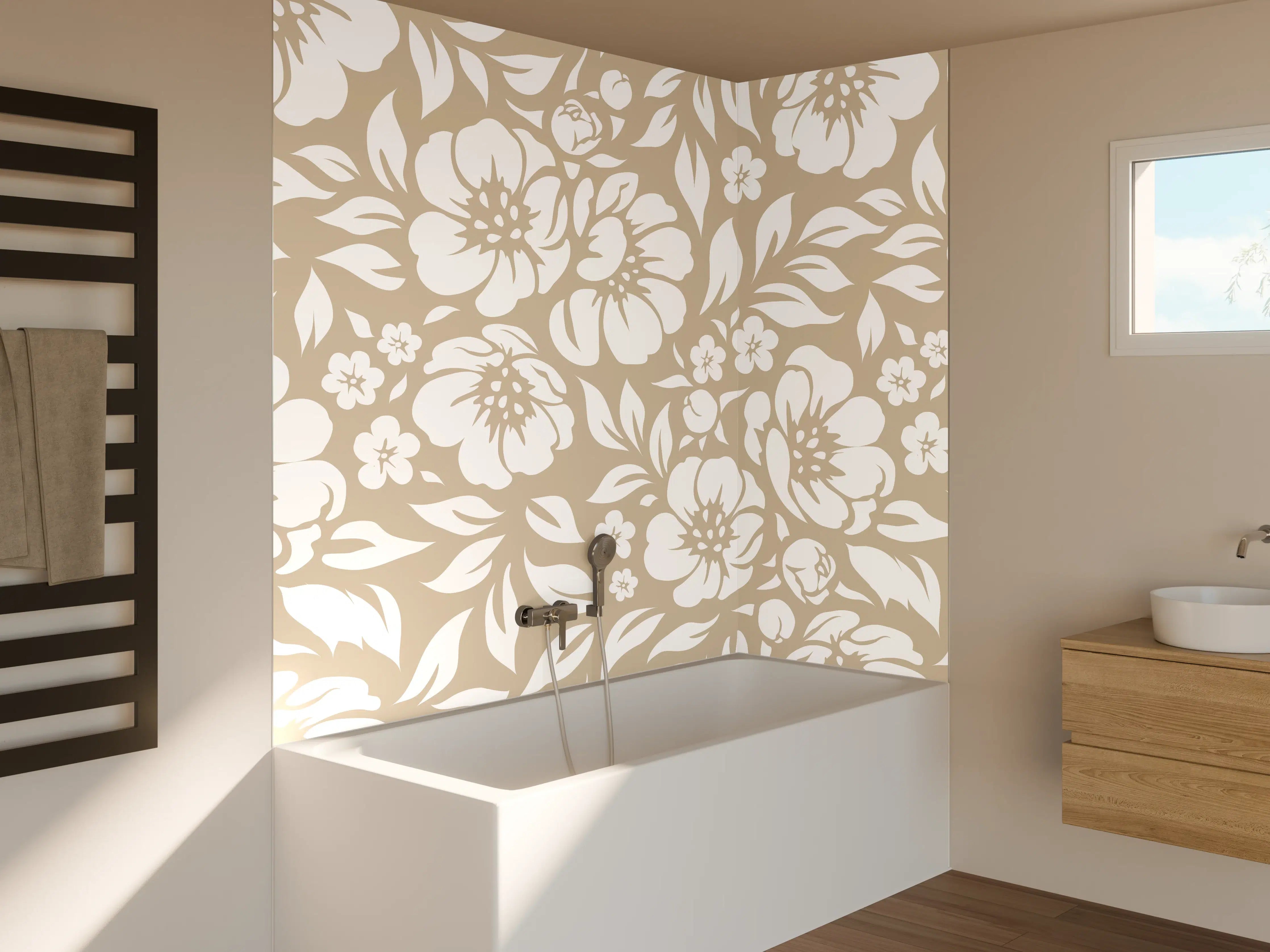 Badewannen-Rückwand - Beiger Blumendekor in Vintage-Optik
