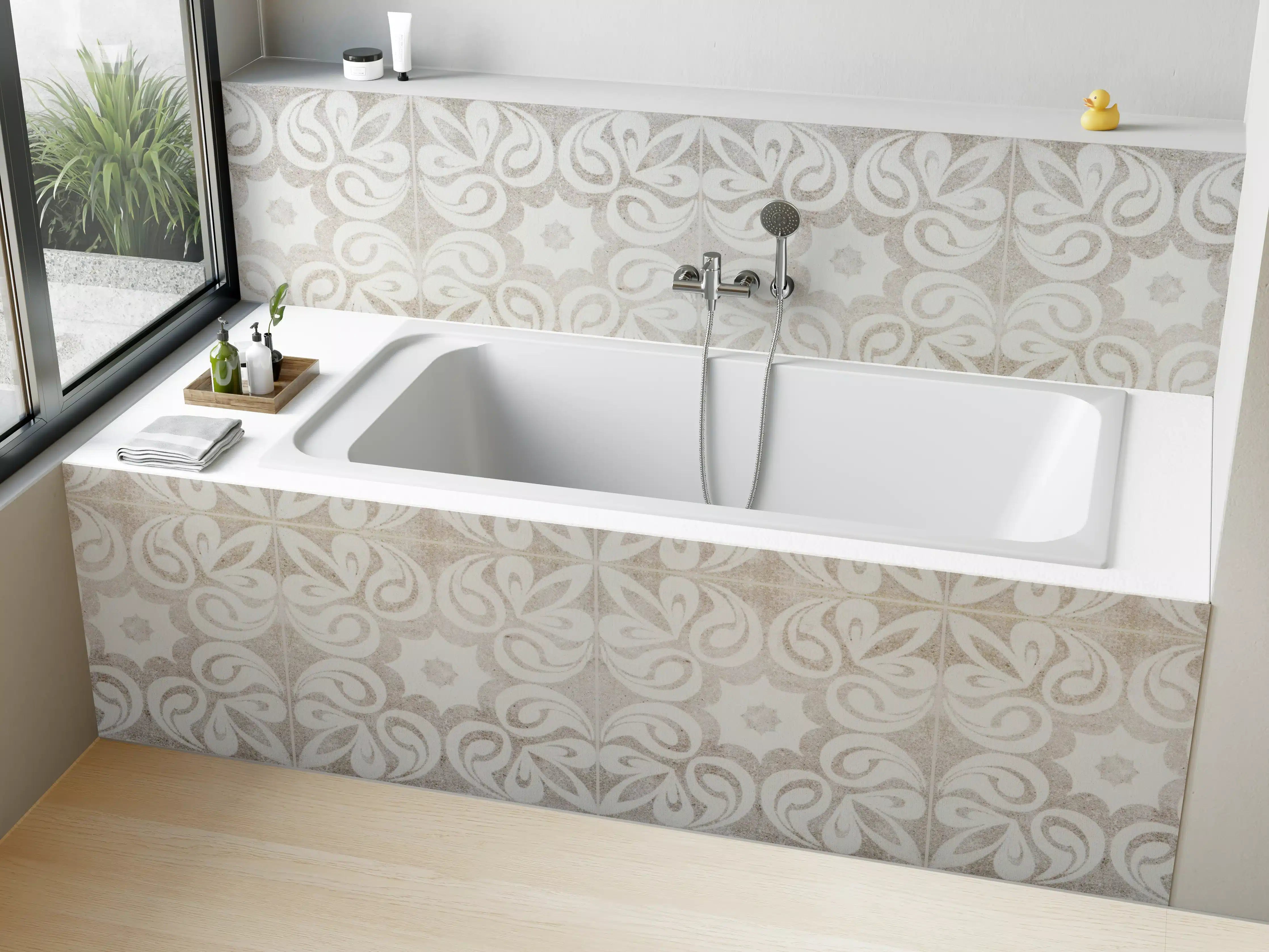 Badewannen-Rückwand - Beiges quadratisches Mosaikmotiv