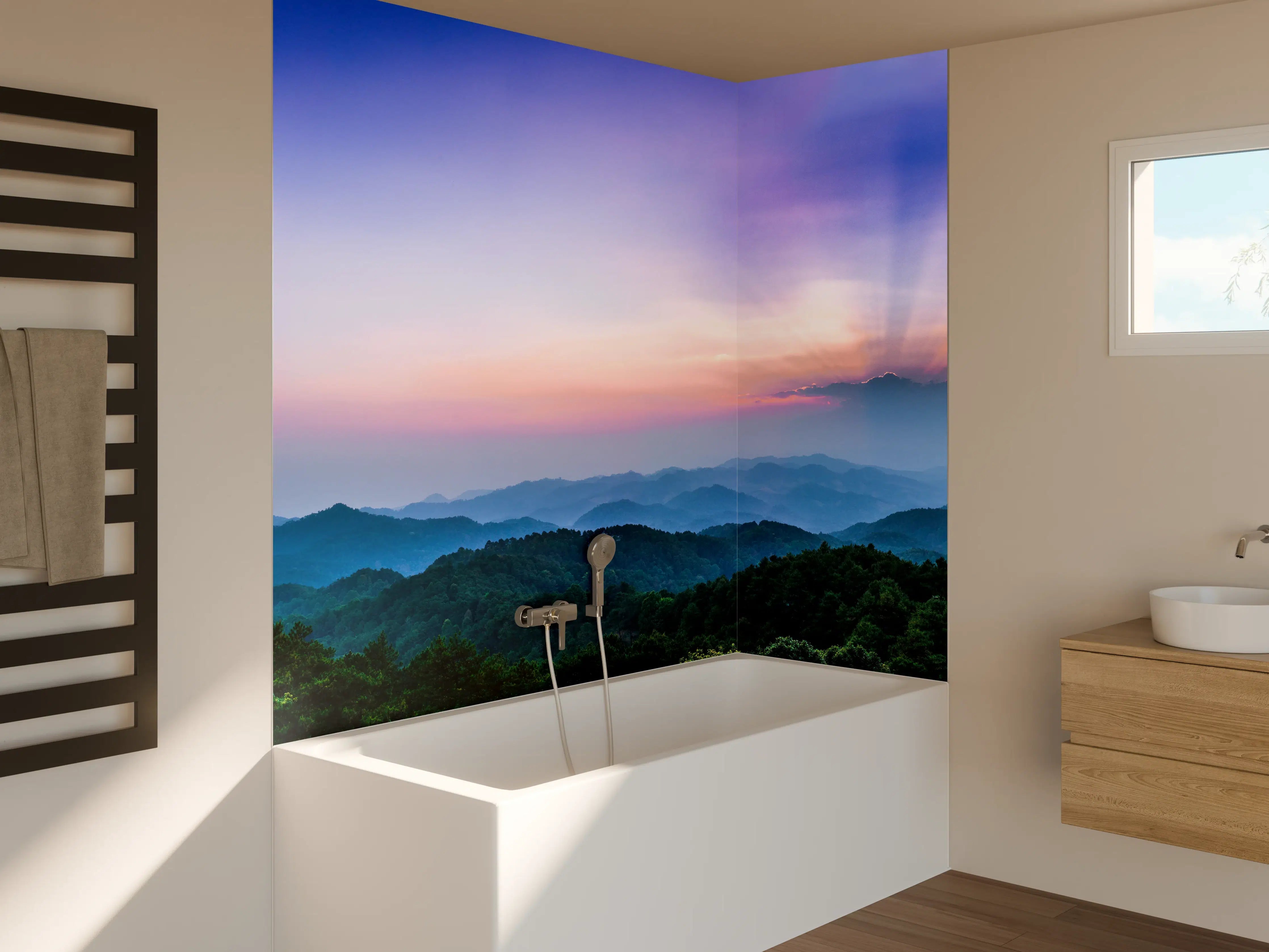 Badewannen-Rückwand - Bergblick mit Sonnenstrahl
