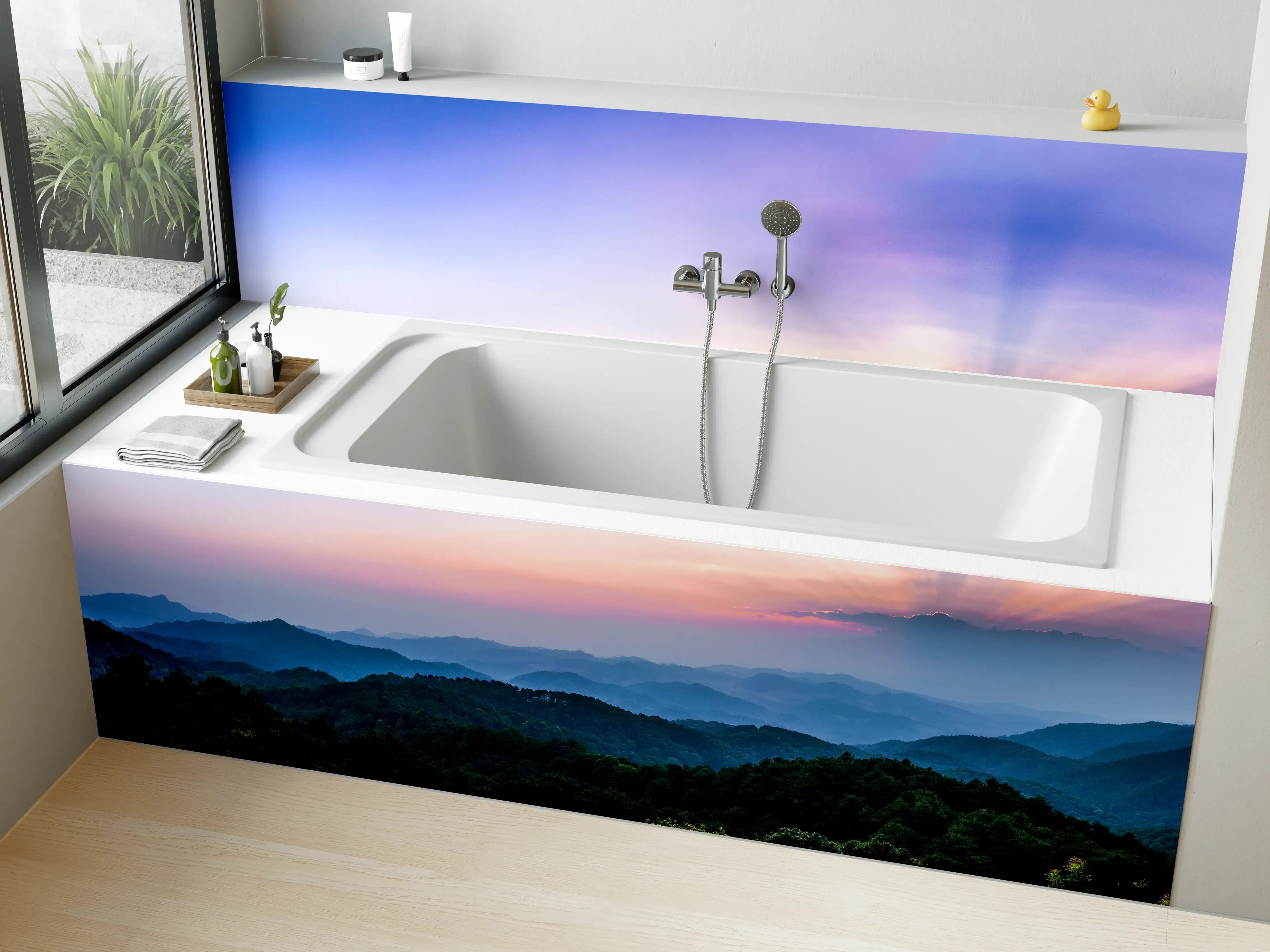 Badewannen-Rückwand - Bergblick mit Sonnenstrahl