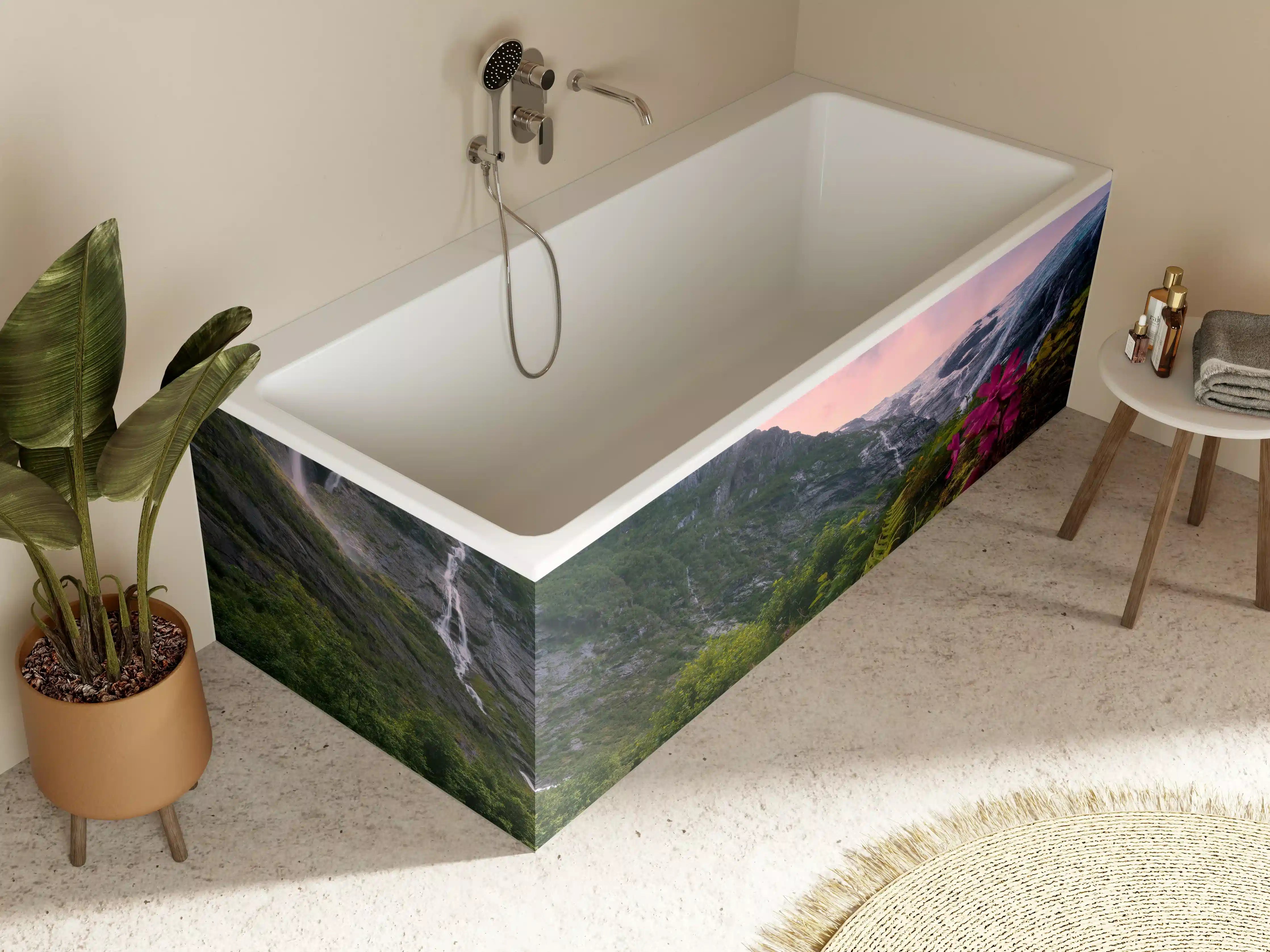 Badewannen-Rückwand - Berglandschaft Norwegens mit Wasserfällen