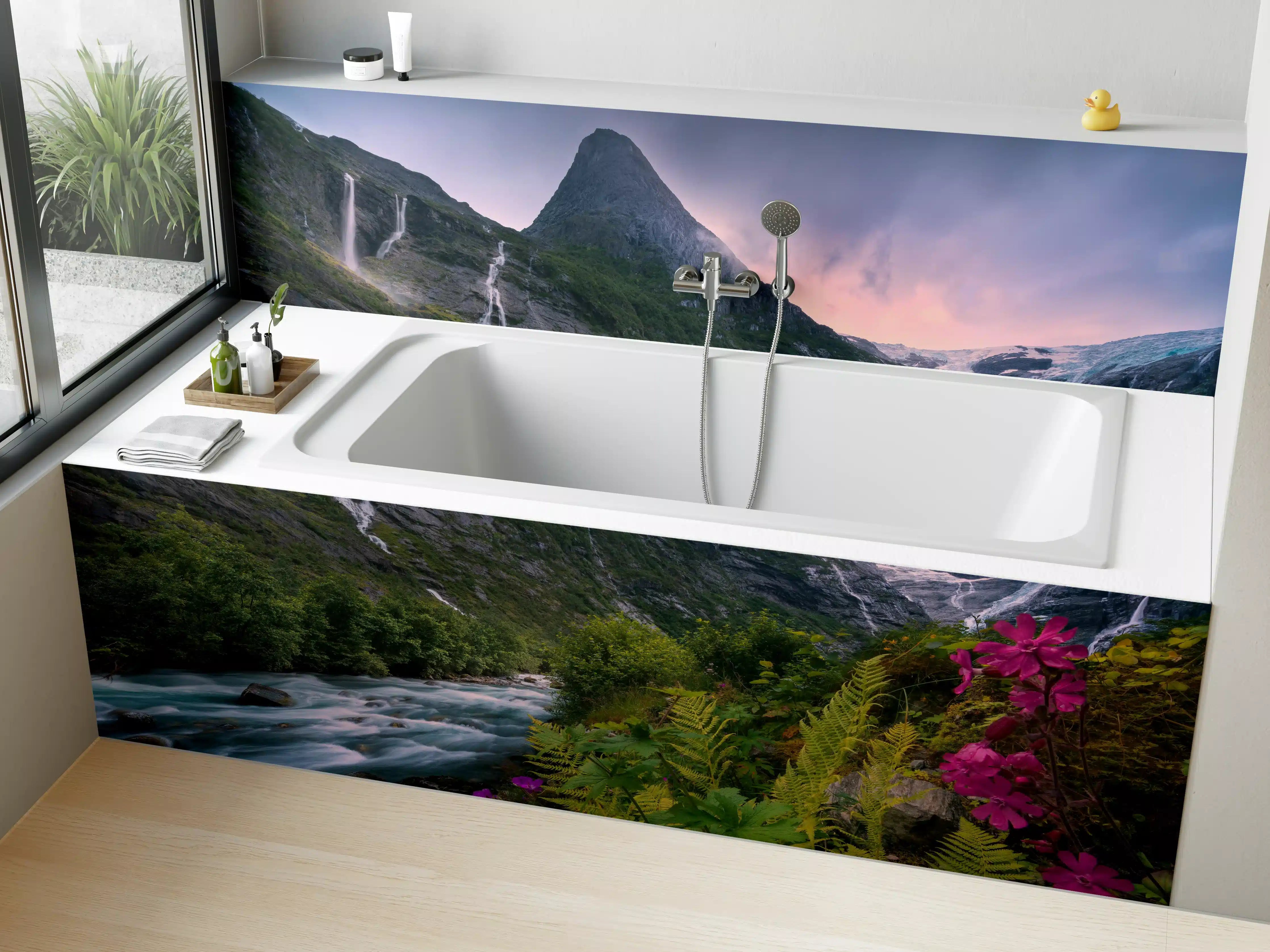 Badewannen-Rückwand - Berglandschaft Norwegens mit Wasserfällen