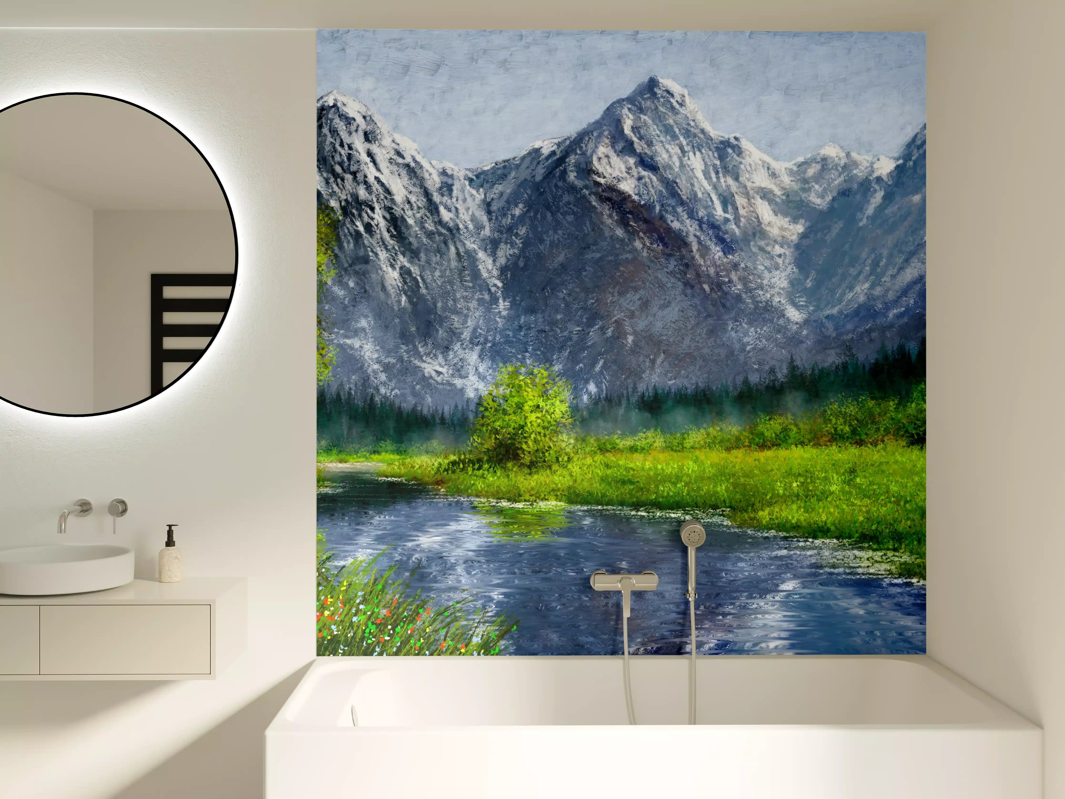 Badewannen-Rückwand - Berglandschaft mit Fluss und grünem Ufer