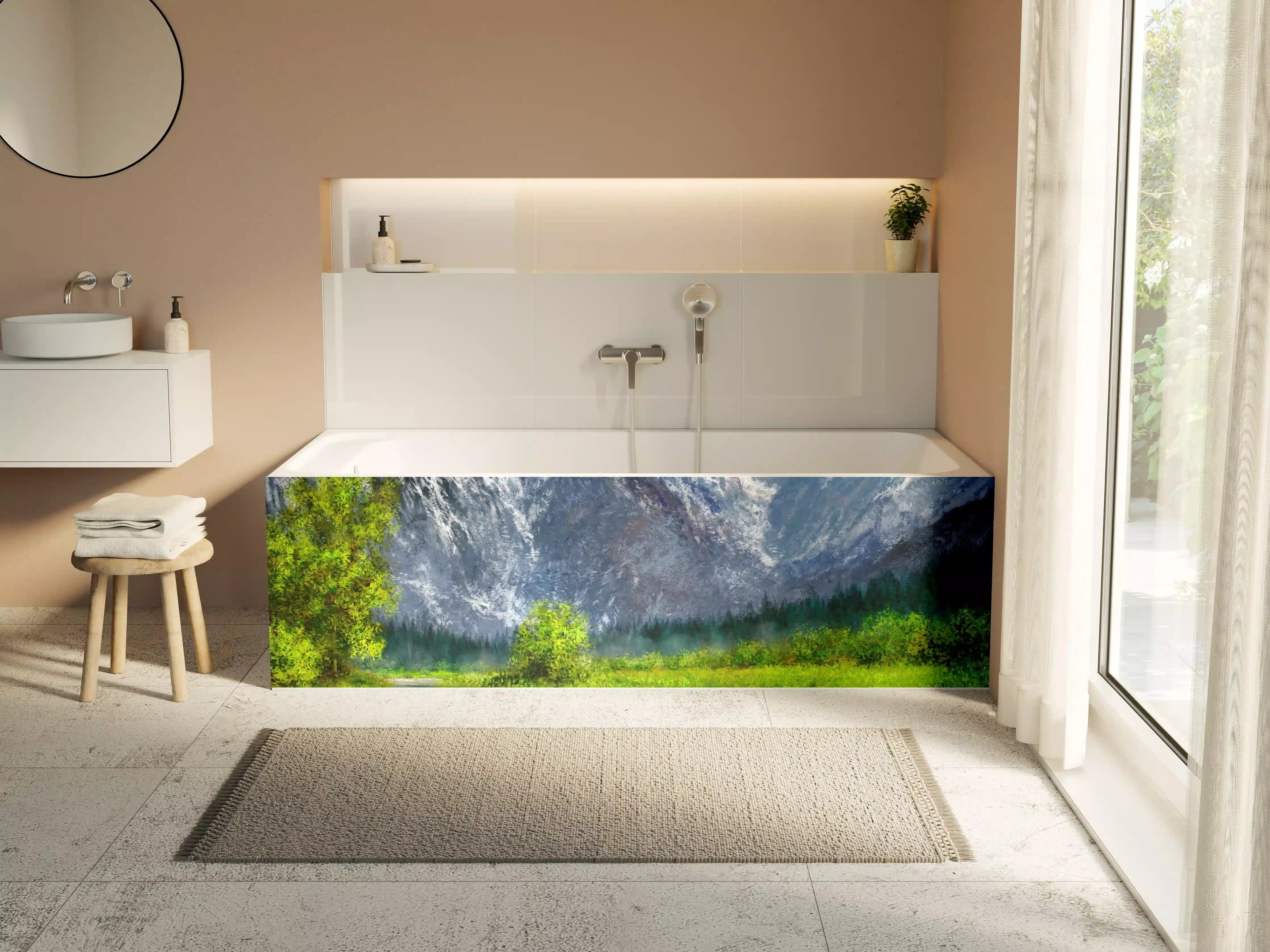 Badewannen-Rückwand - Berglandschaft mit Fluss und grünem Ufer