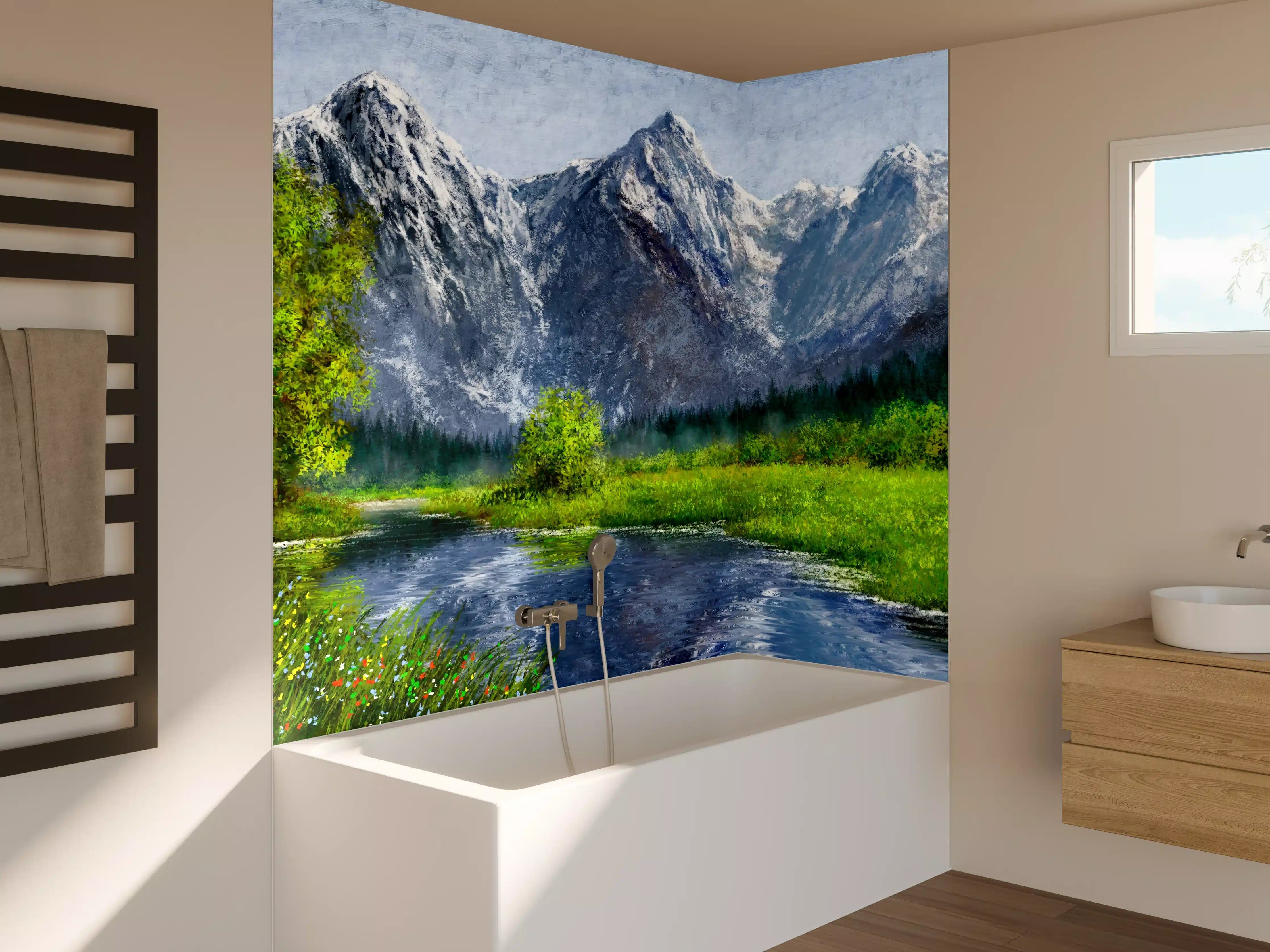 Badewannen-Rückwand - Berglandschaft mit Fluss und grünem Ufer