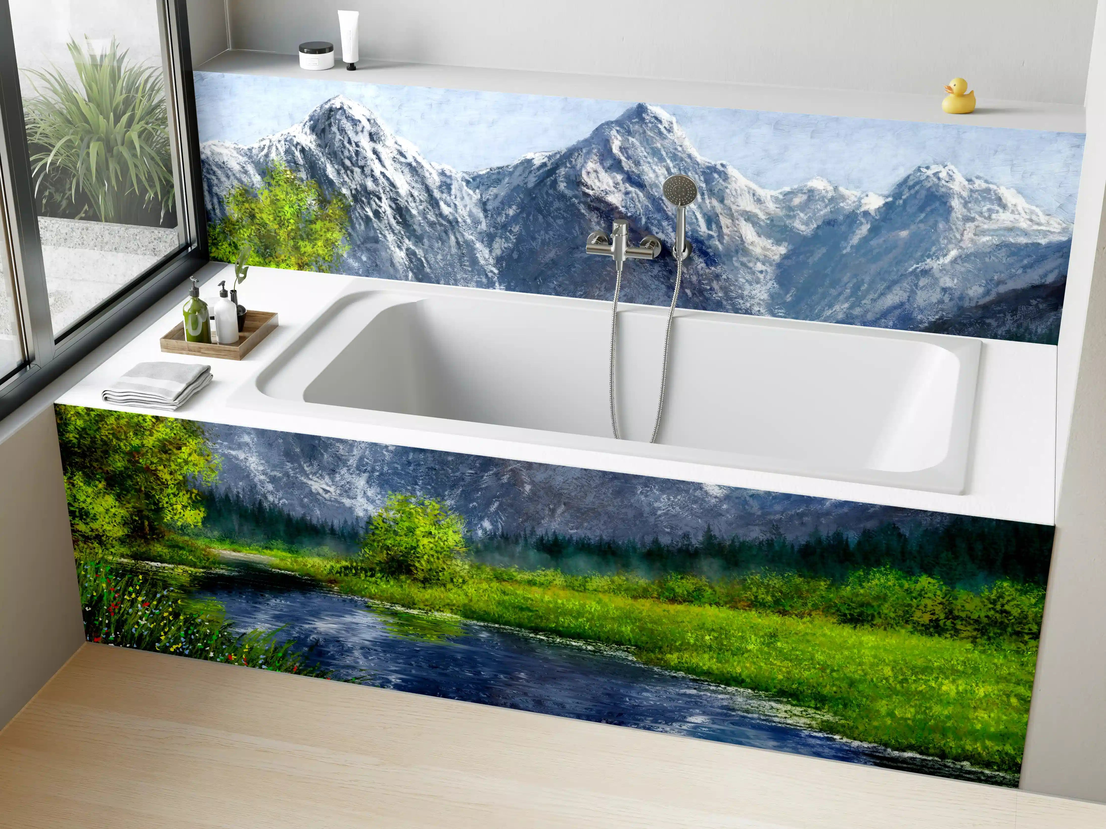 Badewannen-Rückwand - Berglandschaft mit Fluss und grünem Ufer