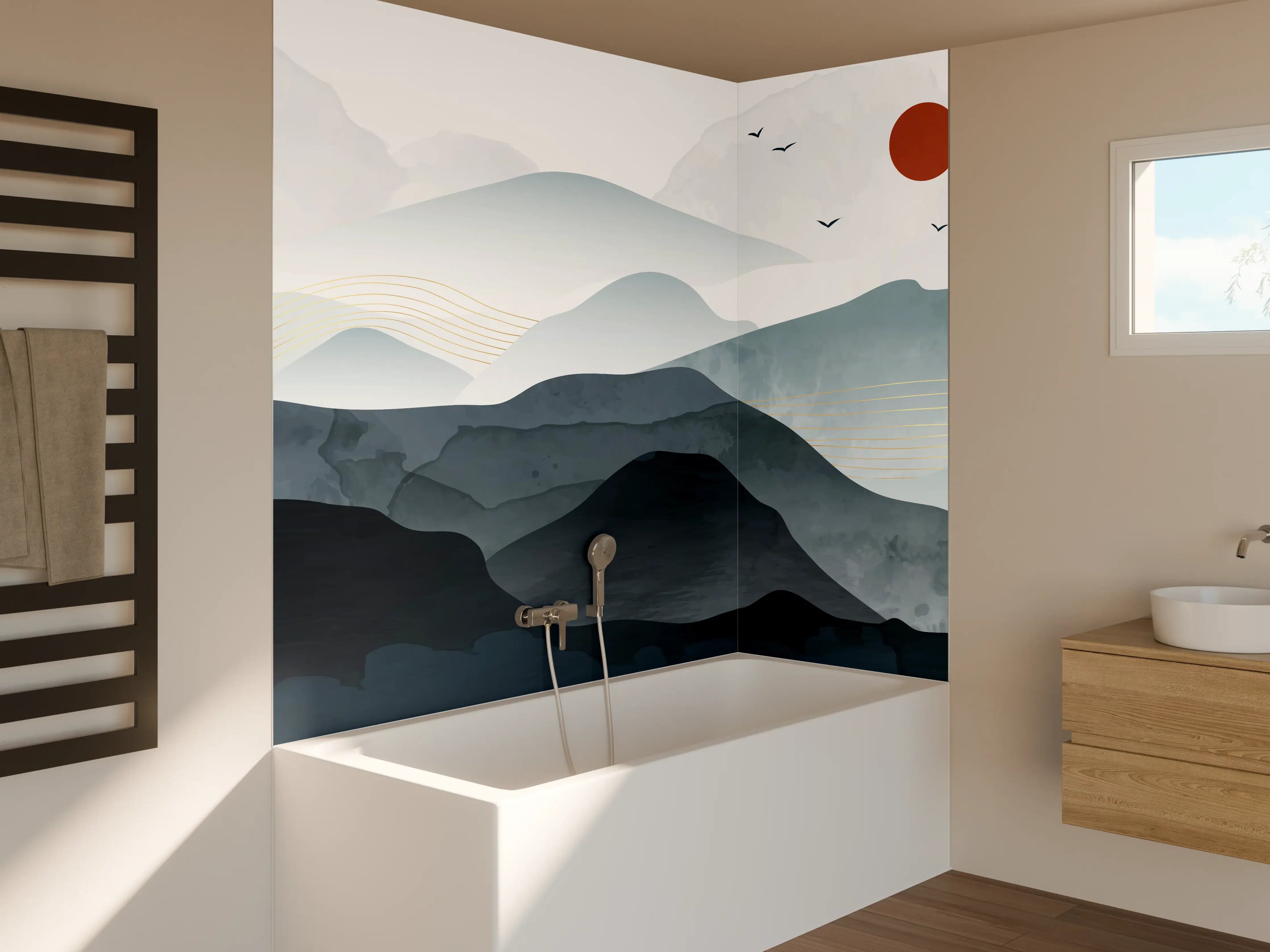 Badewannen-Rückwand - Berglandschaft mit roter Sonne