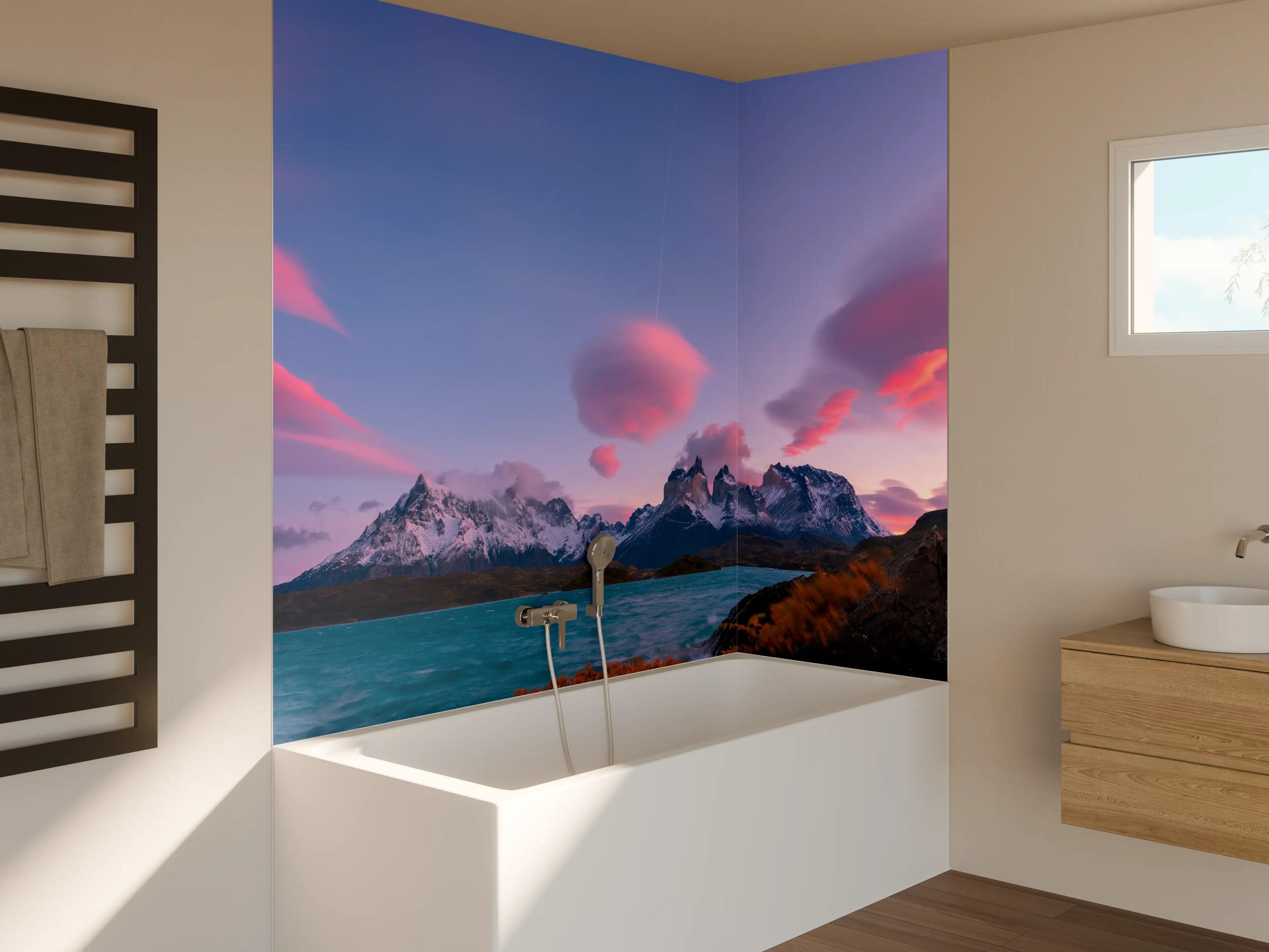 Badewannen-Rückwand - Bergpanorama im rosa Sonnenuntergang