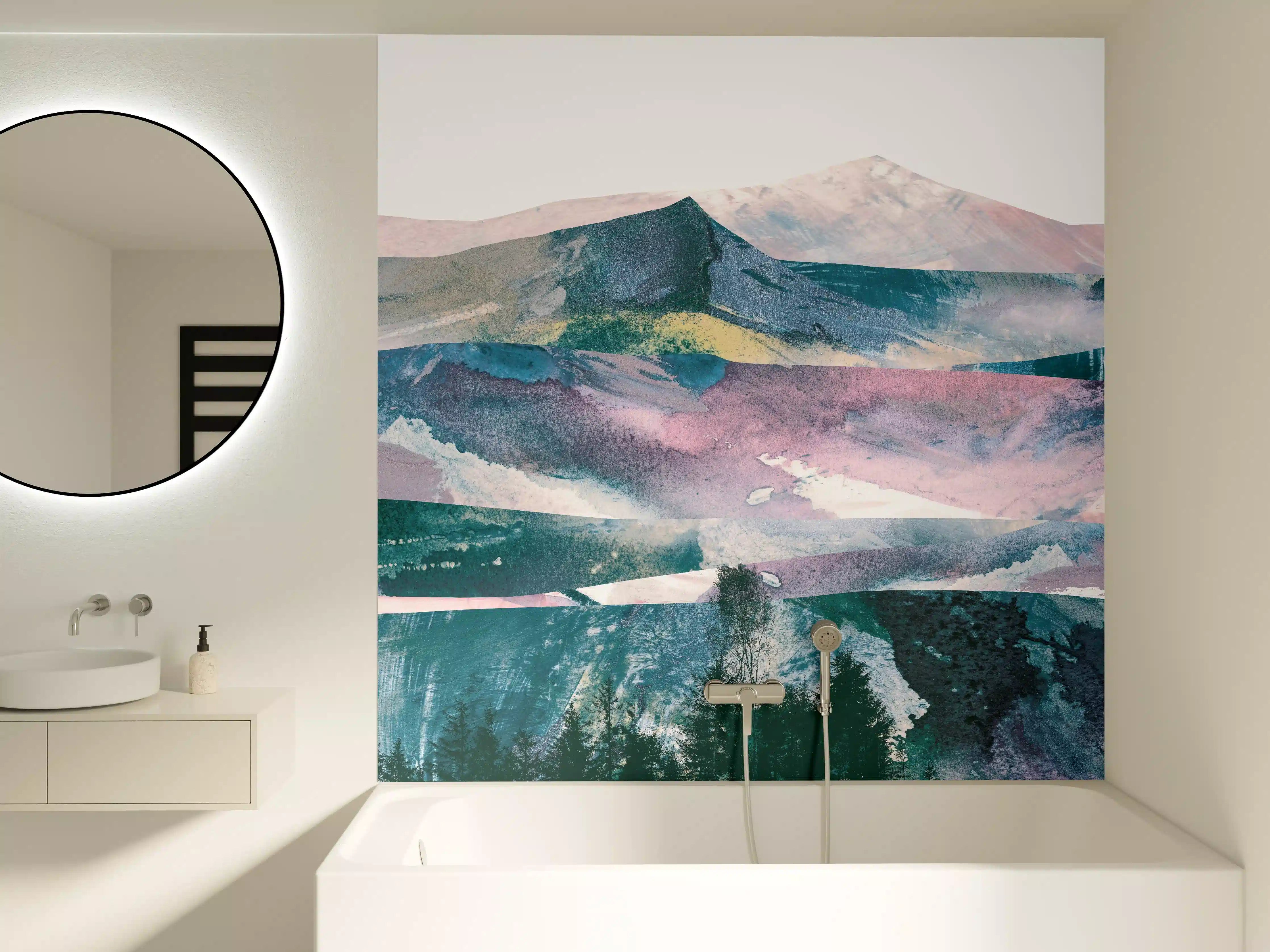 Badewannen-Rückwand - Bergpanorama in Farbabstraktion