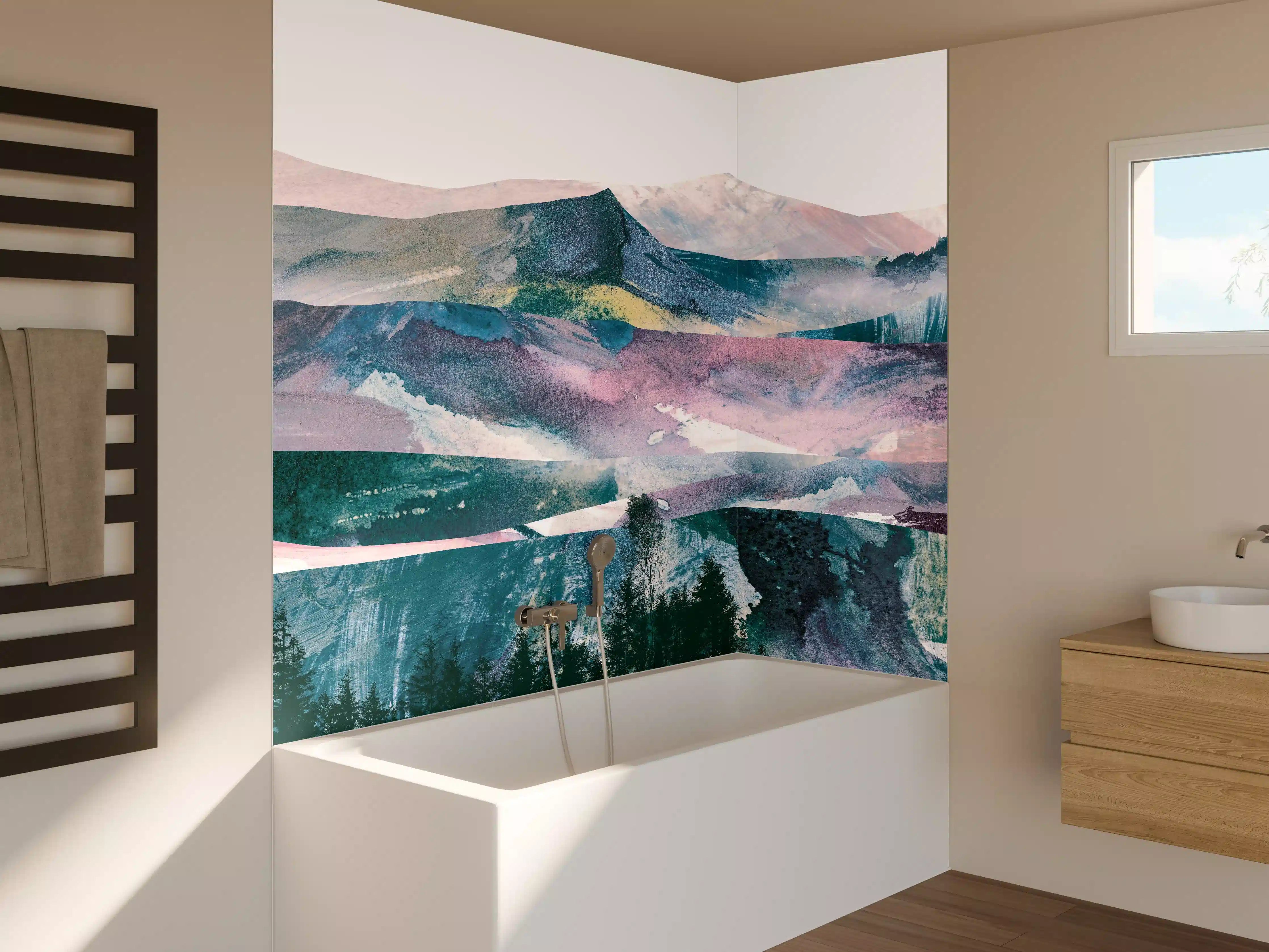 Badewannen-Rückwand - Bergpanorama in Farbabstraktion
