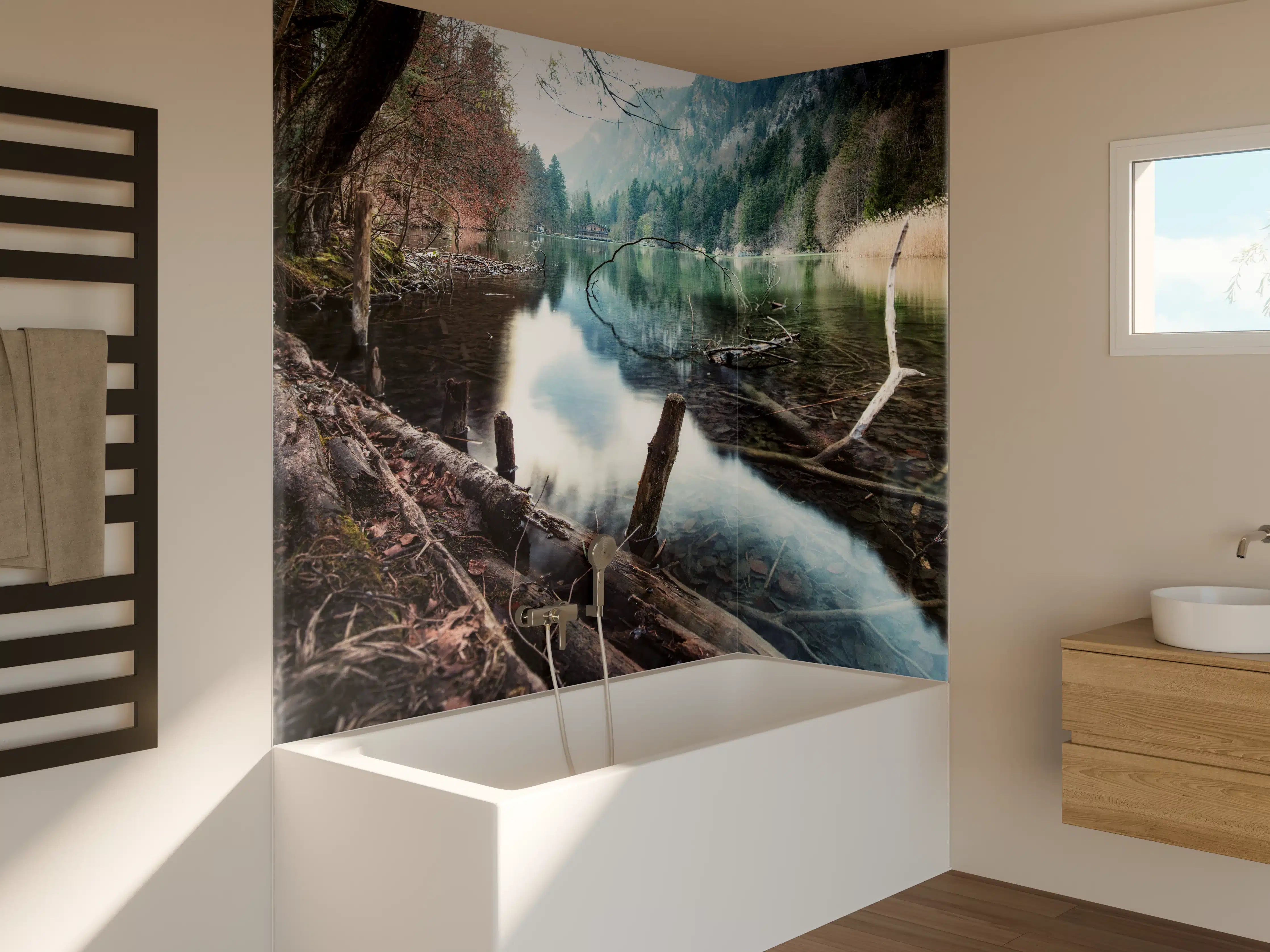 Badewannen-Rückwand - Bergsee im Kaskada Wald