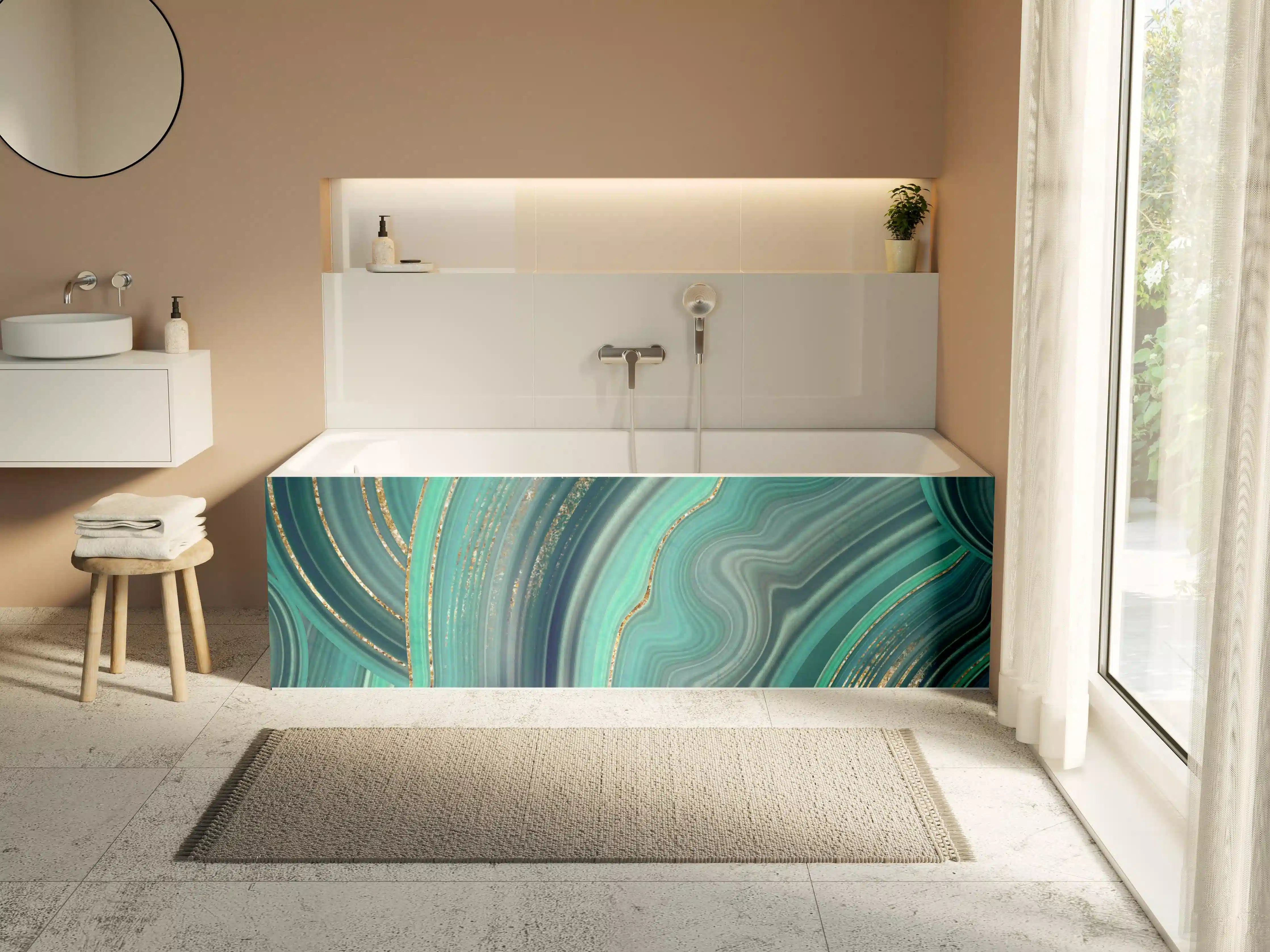 Badewannen-Rückwand - Bezaubernde türkisfarbene Marmor-Textur mit goldenen Akzenten