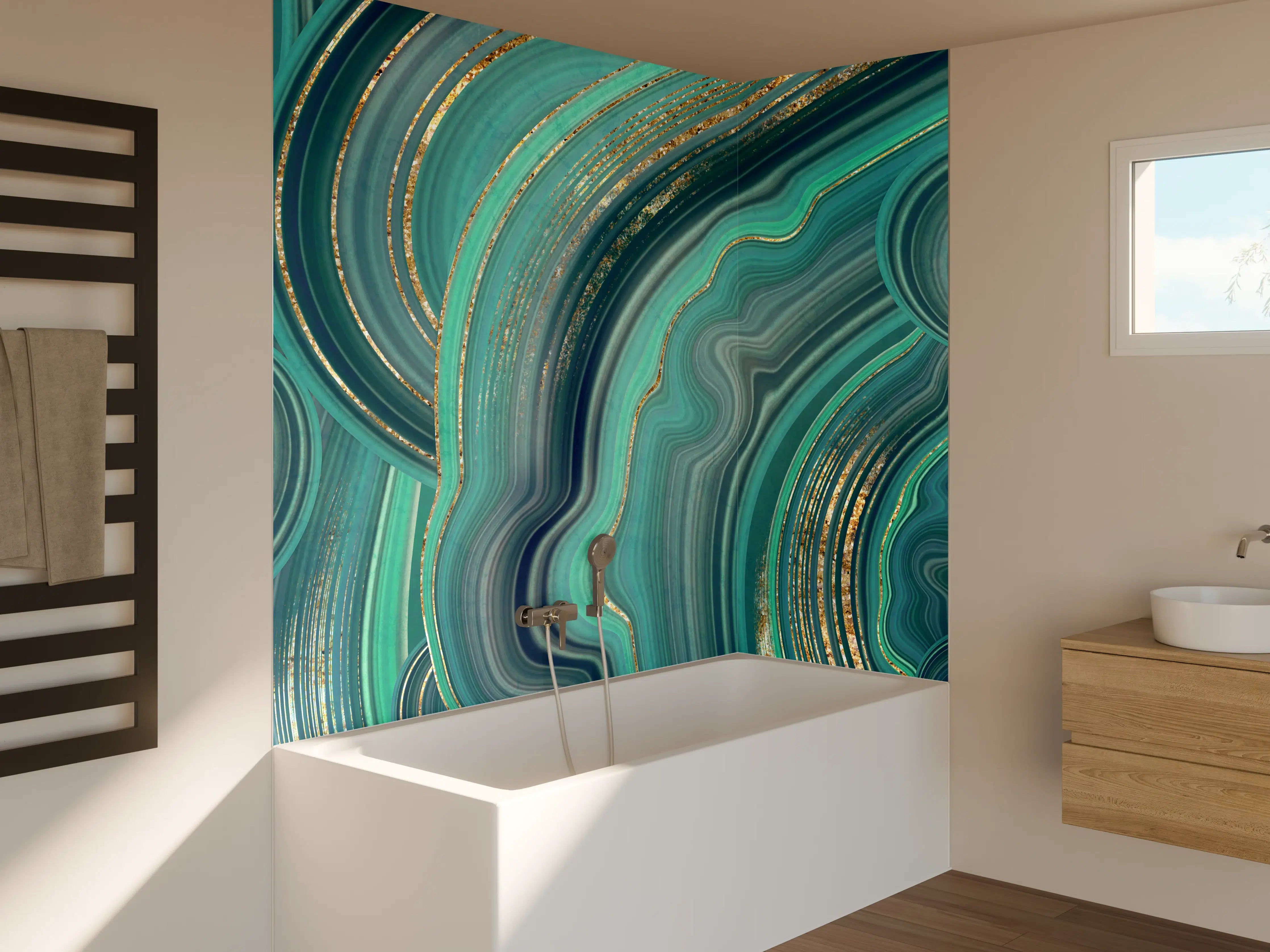 Badewannen-Rückwand - Bezaubernde türkisfarbene Marmor-Textur mit goldenen Akzenten