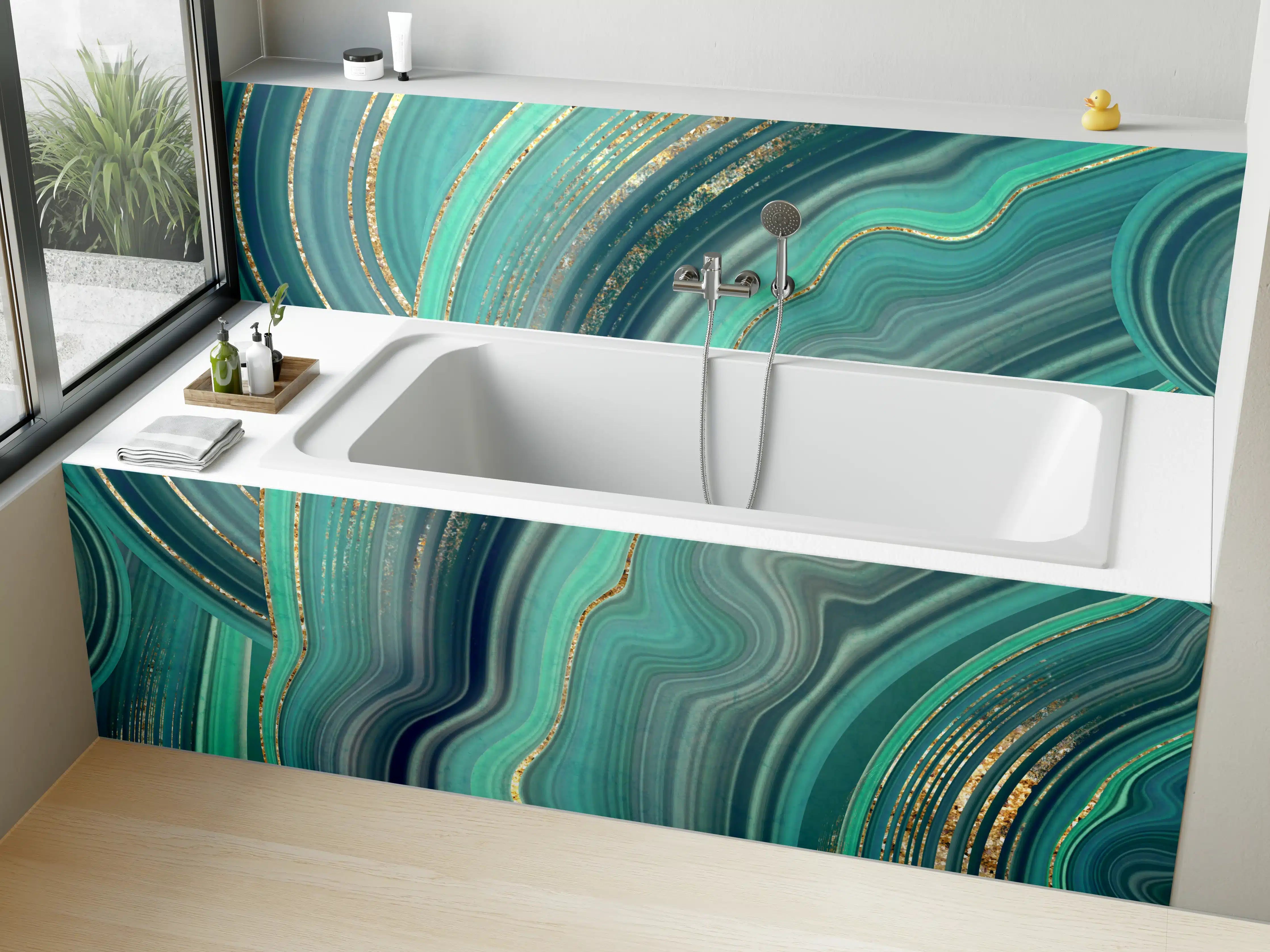 Badewannen-Rückwand - Bezaubernde türkisfarbene Marmor-Textur mit goldenen Akzenten