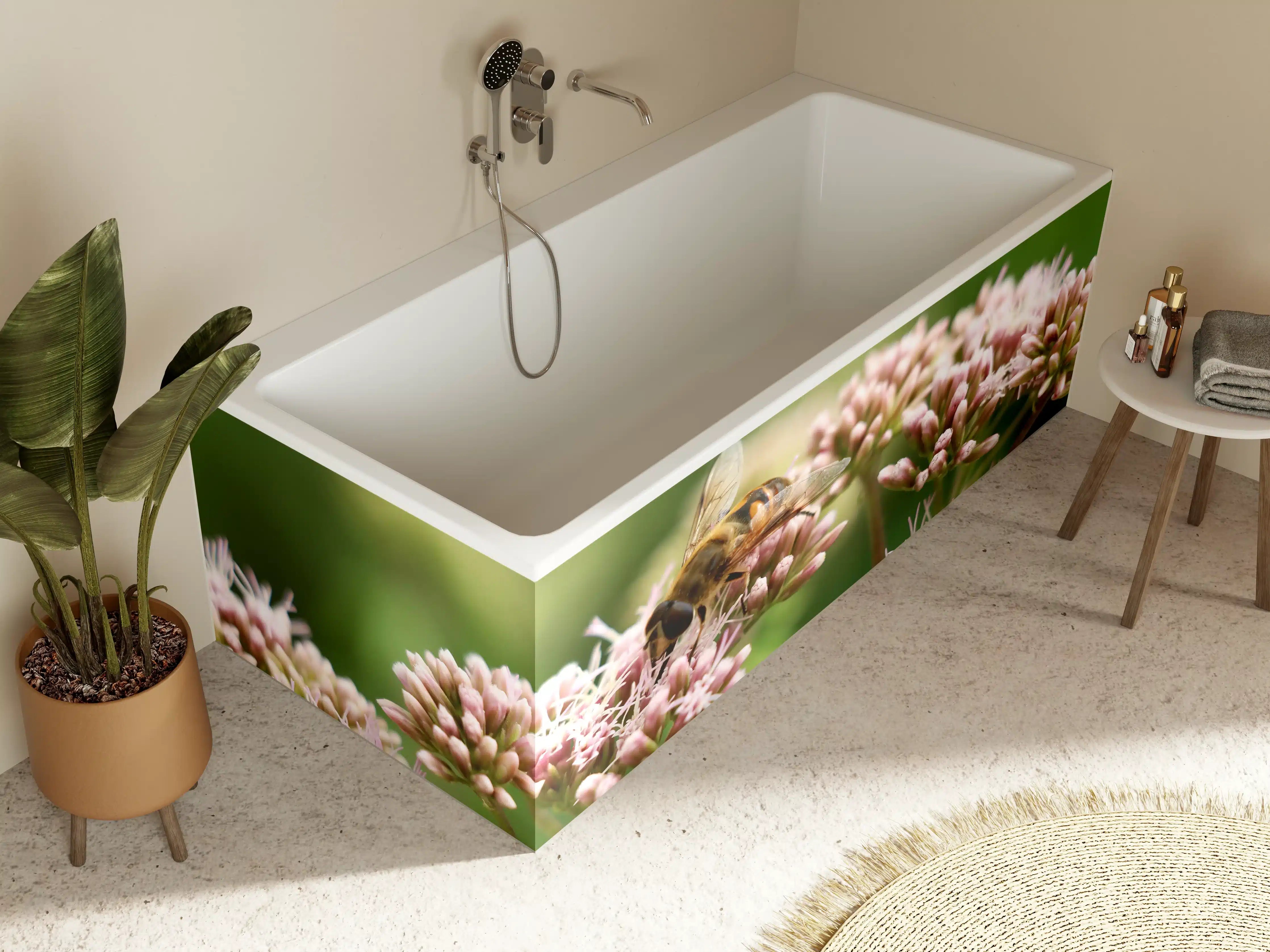 Badewannen-Rückwand - Biene auf Rosa Blüten Makro